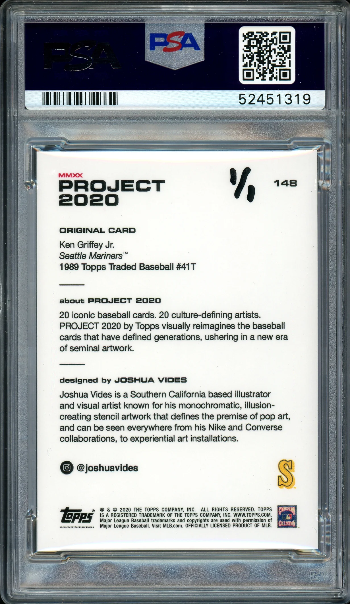 Ken Griffey Jr. Autographed Topps Project 2020 Joshua Vides Card #148 Seattle Mariners "13x AS" #1/1 PSA/DNA #52451319 - Image 2