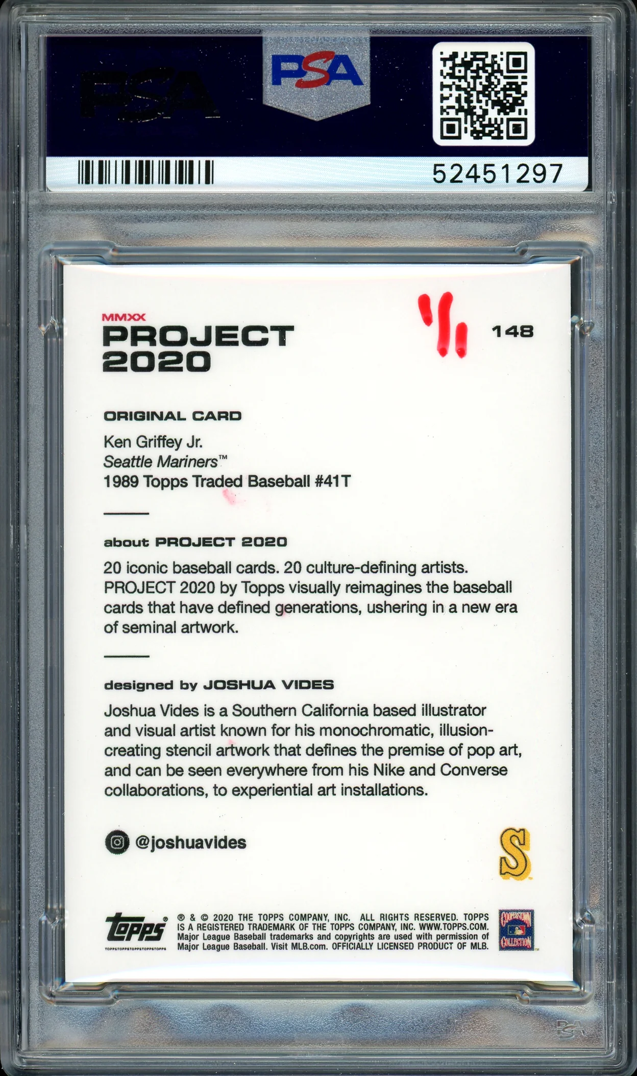 Ken Griffey Jr. Autographed Topps Project 2020 Joshua Vides Card #148 Seattle Mariners "1989" #1/1 PSA/DNA #52451297 - Image 2