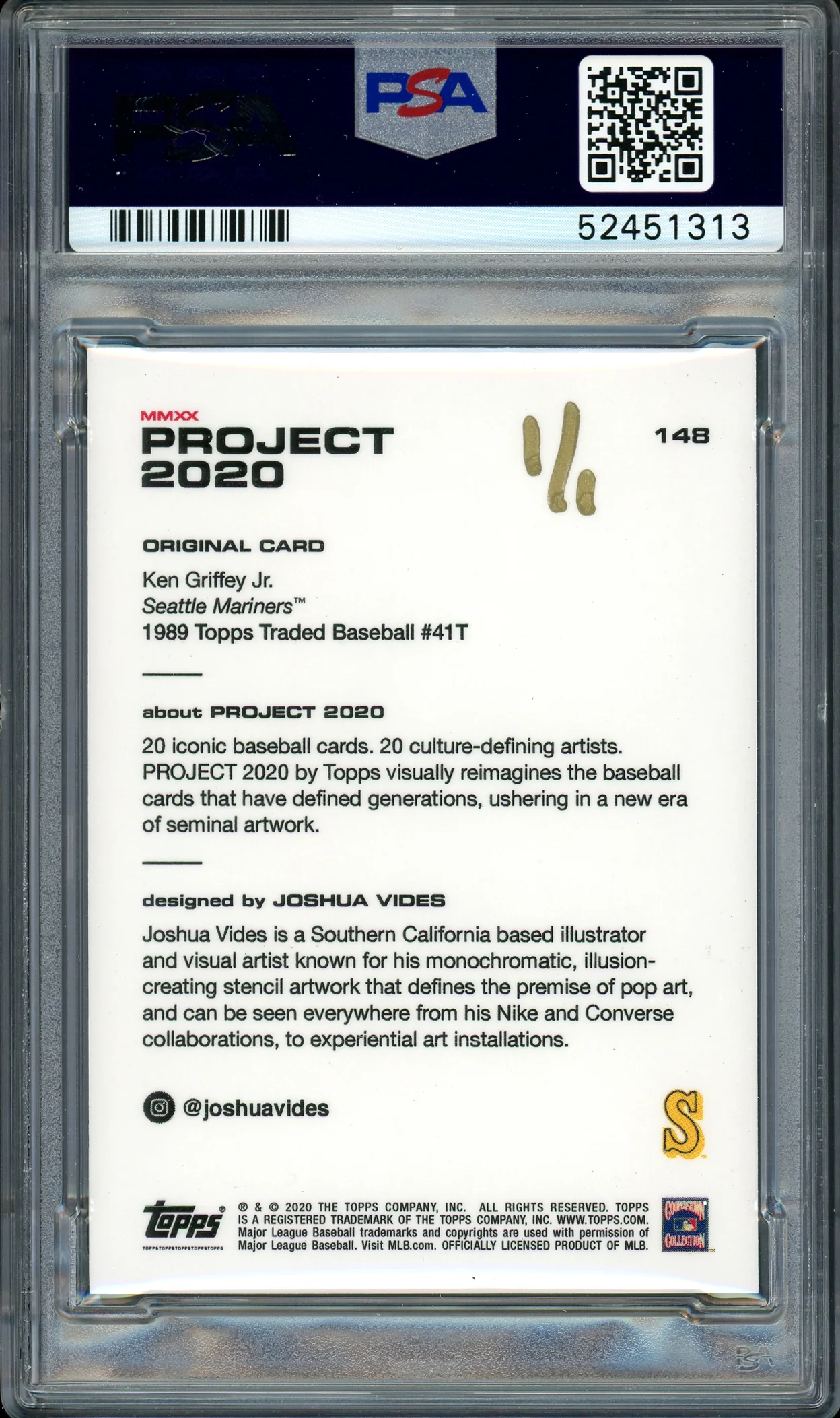 Ken Griffey Jr. Autographed Topps Project 2020 Joshua Vides Card #148 Seattle Mariners "24" #1/1 PSA/DNA #52451313 - Image 2