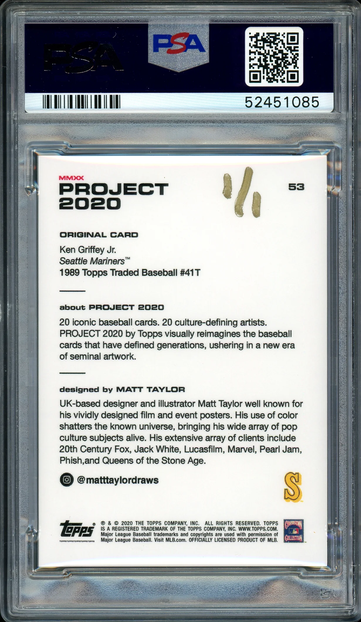 Ken Griffey Jr. Autographed Topps Project 2020 Matt Taylor Card #53 Seattle Mariners "10x GG" #1/1 PSA/DNA #52451085 - Image 2