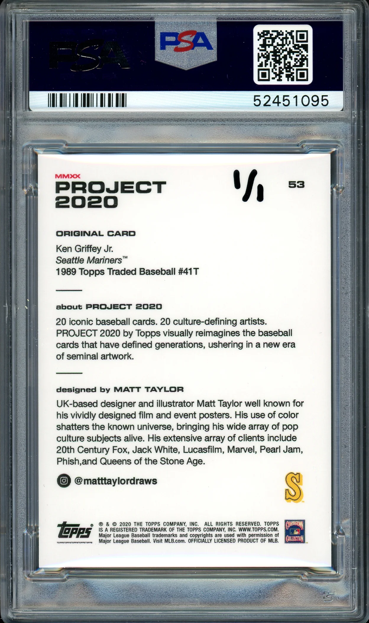 Ken Griffey Jr. Autographed Topps Project 2020 Matt Taylor Card #53 Seattle Mariners "1989" #1/1 PSA/DNA #52451095 - Image 2