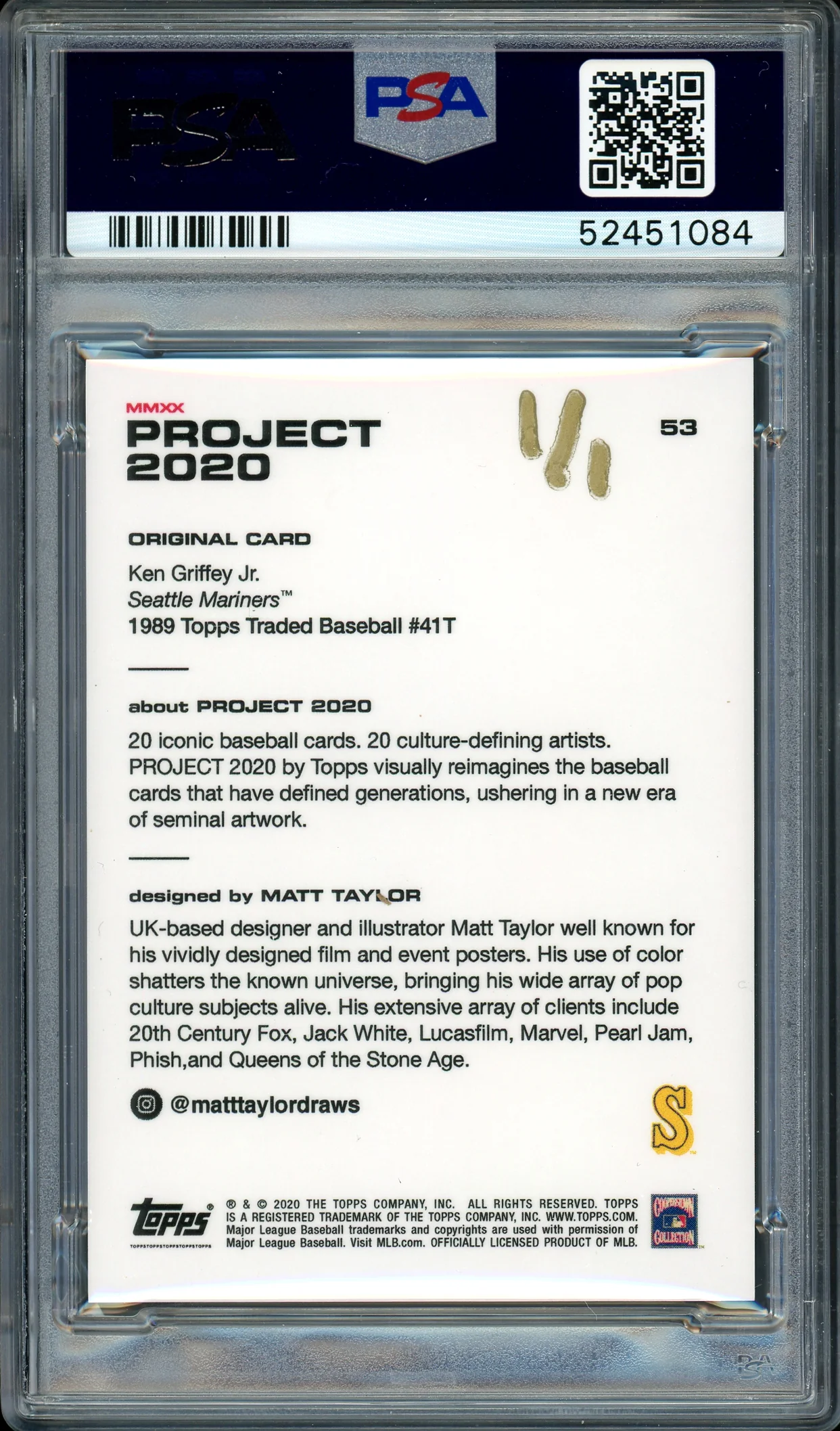 Ken Griffey Jr. Autographed Topps Project 2020 Matt Taylor Card #53 Seattle Mariners "HOF 16" #1/1 PSA/DNA #52451084 - Image 2