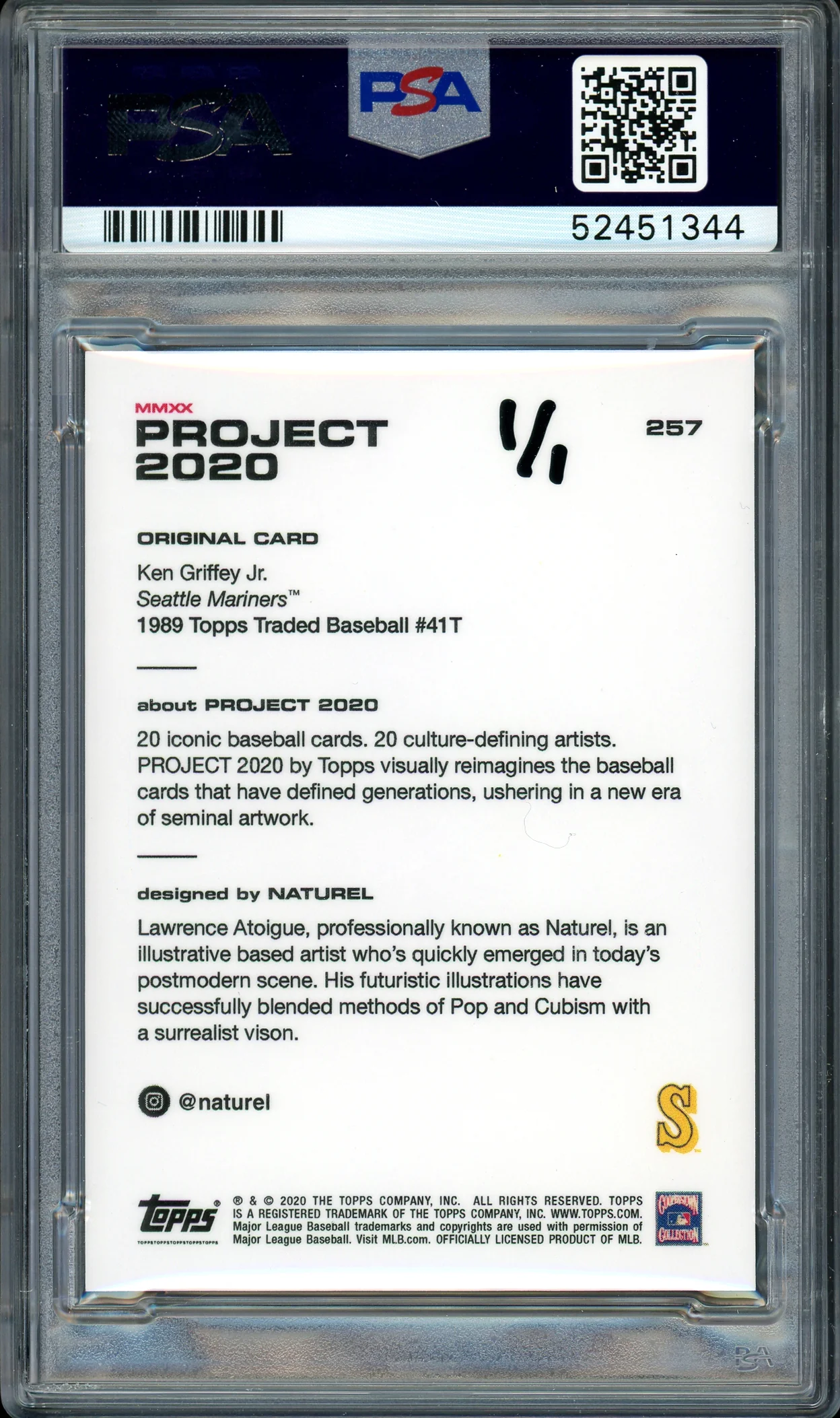 Ken Griffey Jr. Autographed Topps Project 2020 Naturel Card #257 Seattle Mariners "10x GG" #1/1 PSA/DNA #52451344 - Image 2
