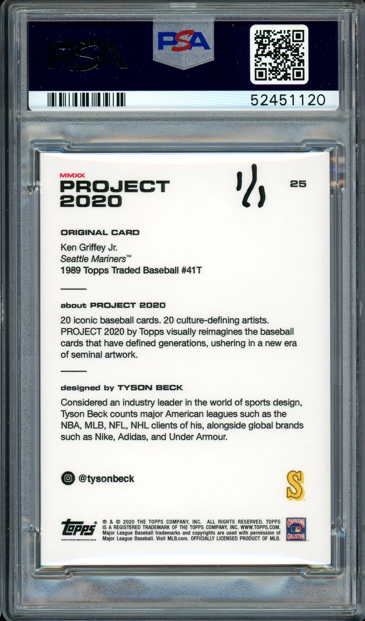 Ken Griffey Jr. Autographed Topps Project 2020 Tyson Beck Card #25 Seattle Mariners "HOF 16" #1/1 PSA/DNA #52451120 - Image 2
