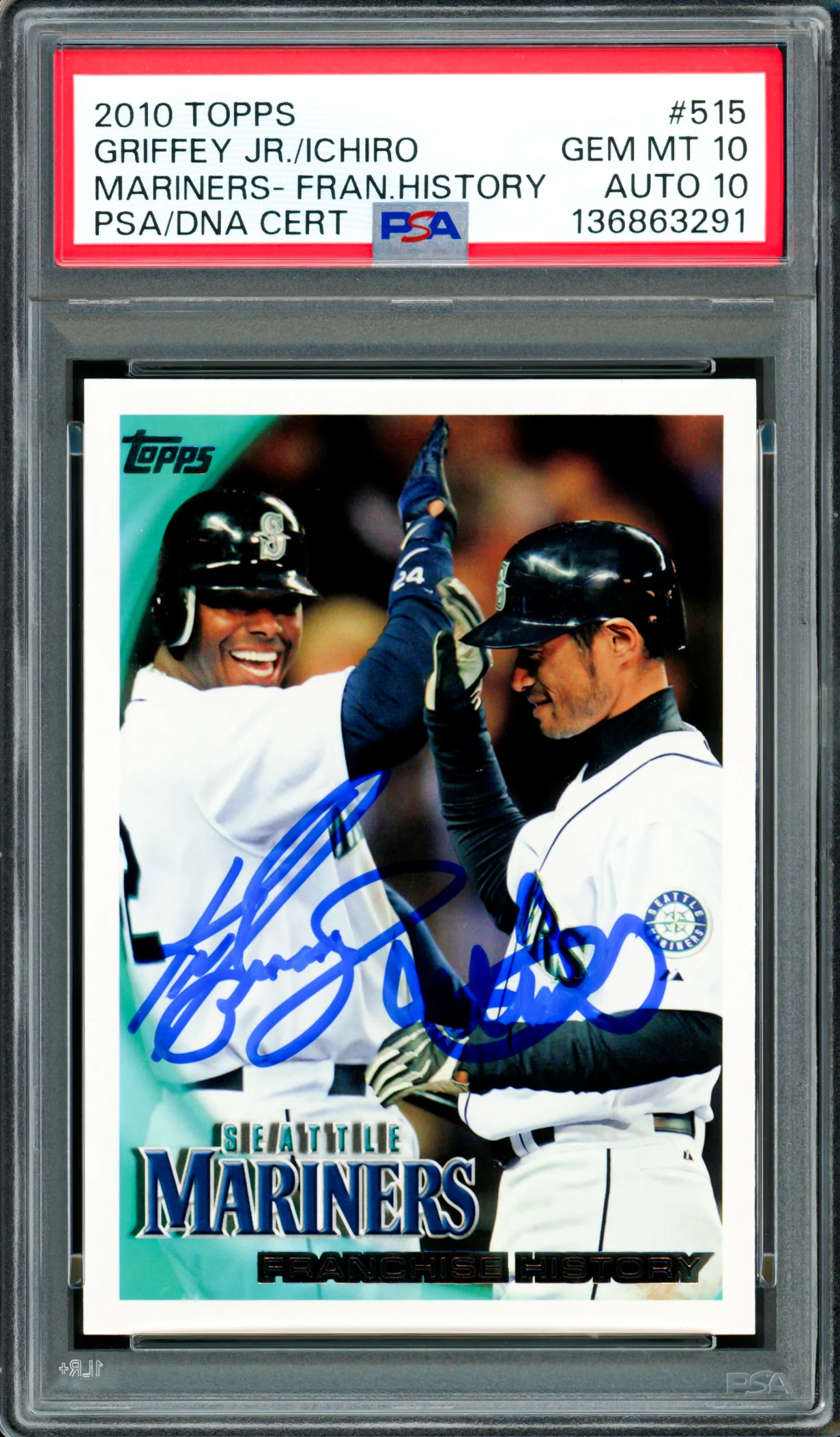 Ken Griffey Jr. & Ichiro Suzuki Autographed 2010 Topps Card #515 Seattle Mariners PSA 10 Auto Grade Gem Mint 10 PSA/DNA #136863291
