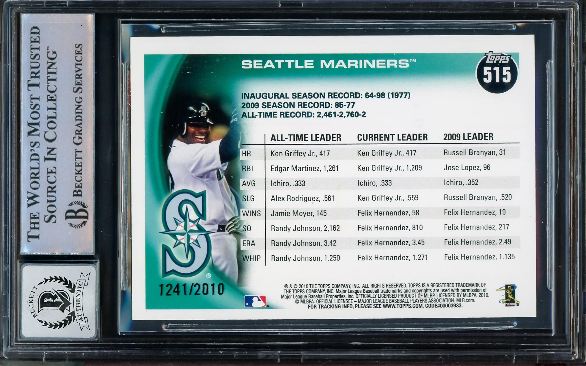 Ken Griffey Jr. & Ichiro Suzuki Autographed 2010 Topps Gold Card #515 Seattle Mariners Auto Grade Gem Mint 10 Beckett BAS #14392948 - Image 2