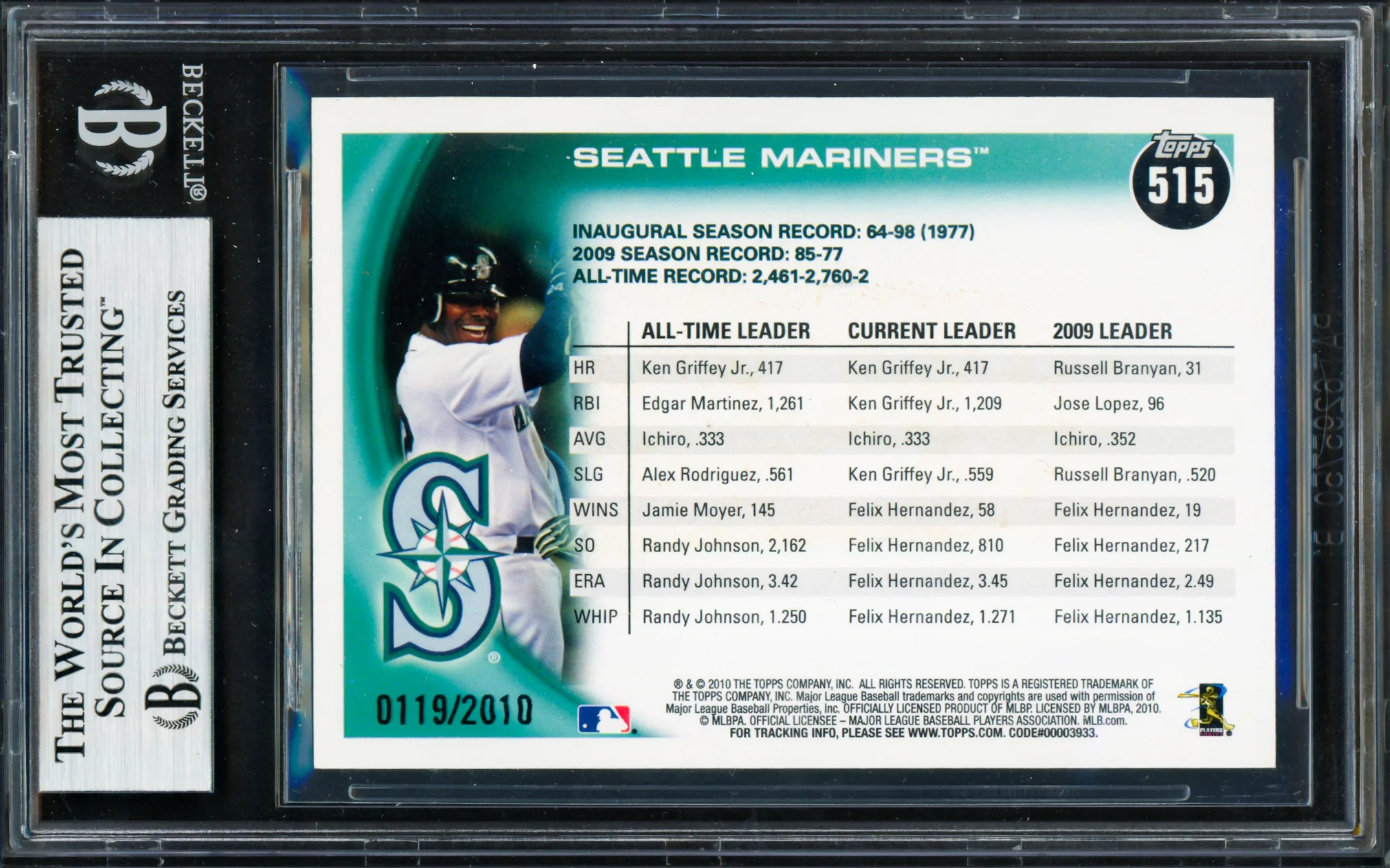 Ken Griffey Jr. & Ichiro Suzuki Autographed 2010 Topps Gold Card #515 Seattle Mariners Beckett BAS #19209393 - Image 2