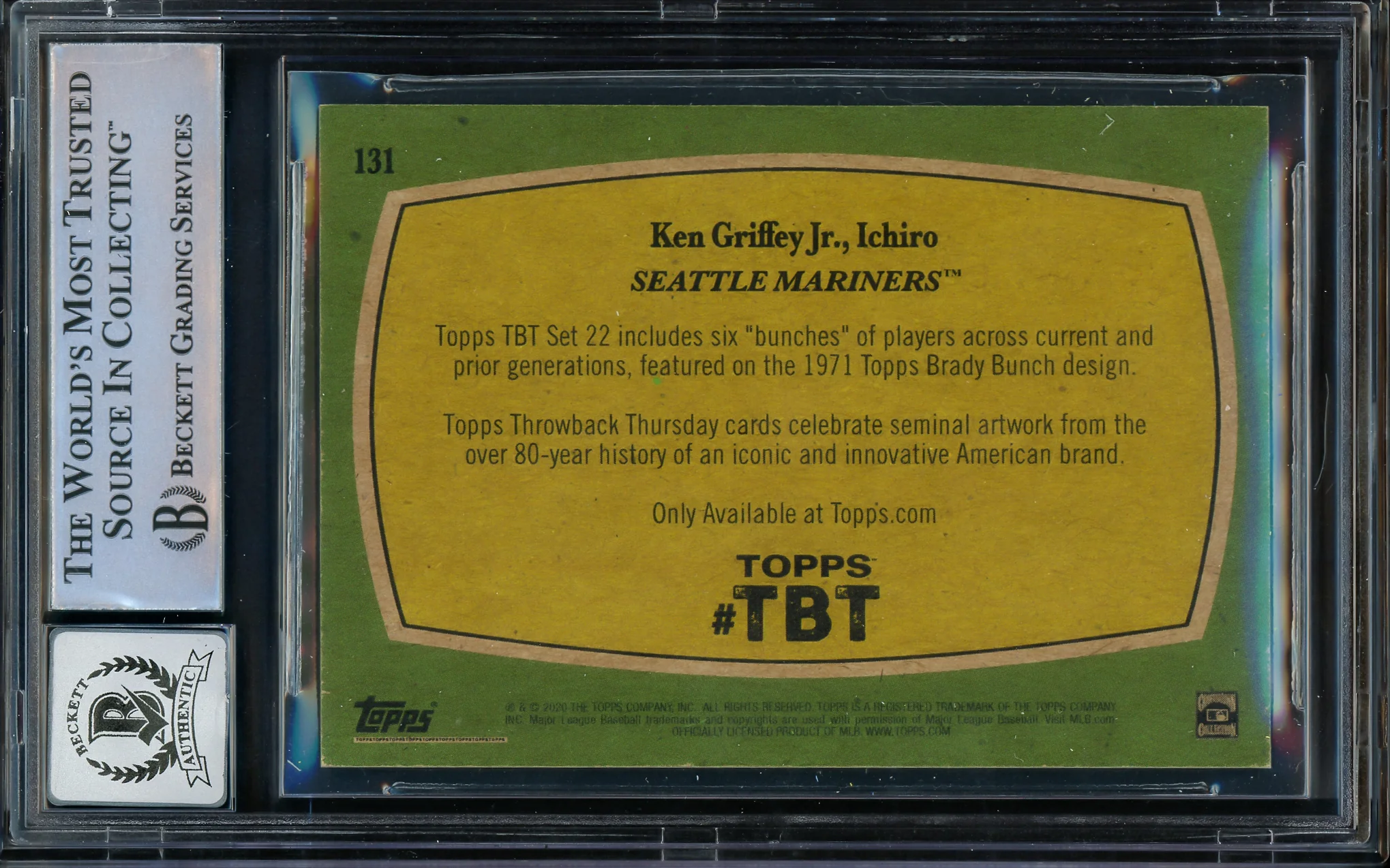 Ken Griffey Jr. & Ichiro Suzuki Autographed 2020 Topps Throwback Thursday Card #131 Seattle Mariners Auto Grade Gem Mint 10 Beckett BAS #14393052 - Image 2