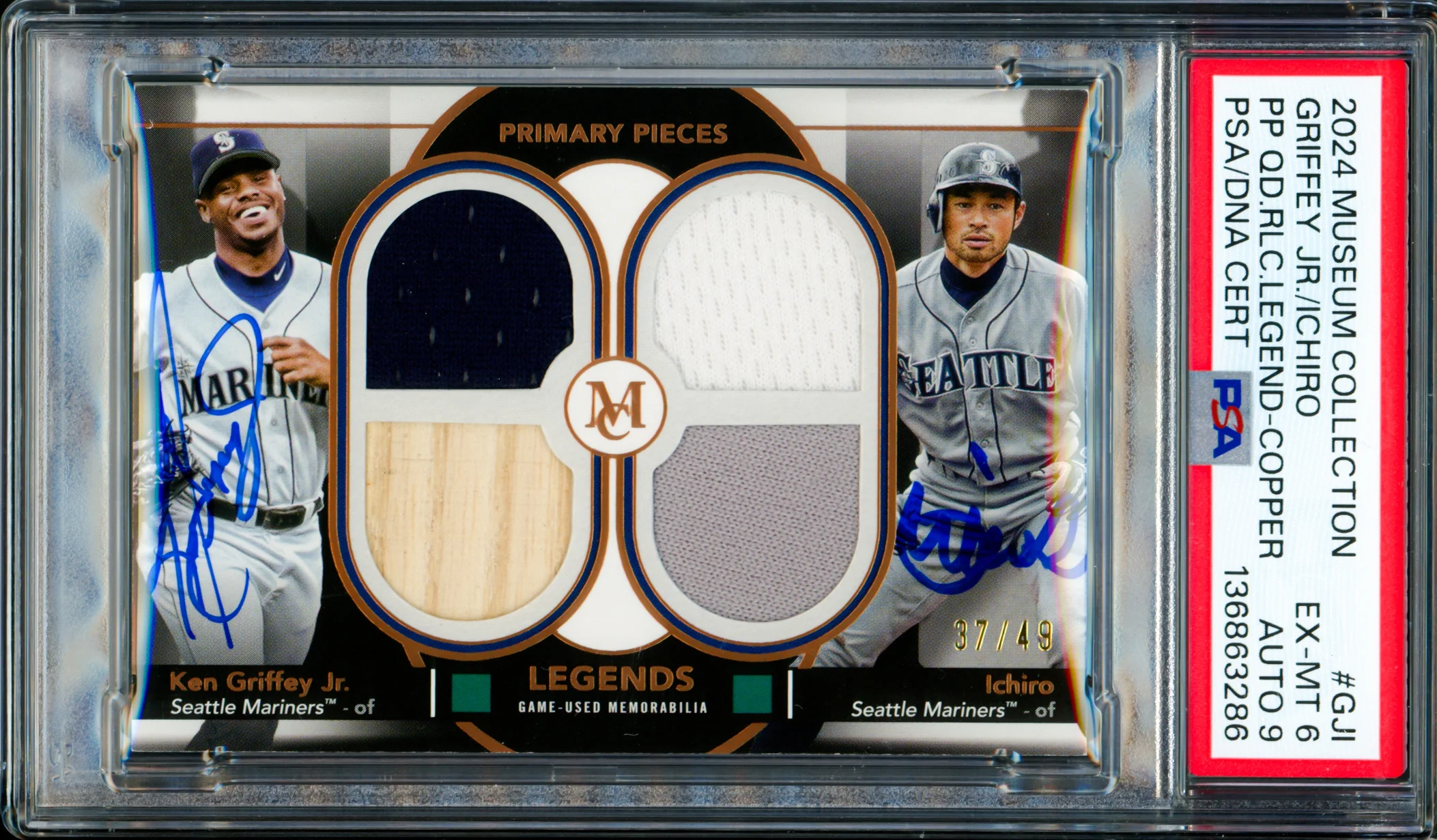 Ken Griffey Jr. & Ichiro Suzuki Autographed 2024 Topps Museum Collection Card #GJI Seattle Mariners PSA 6 Auto Grade Mint 9 #37/49 PSA/DNA #136863286