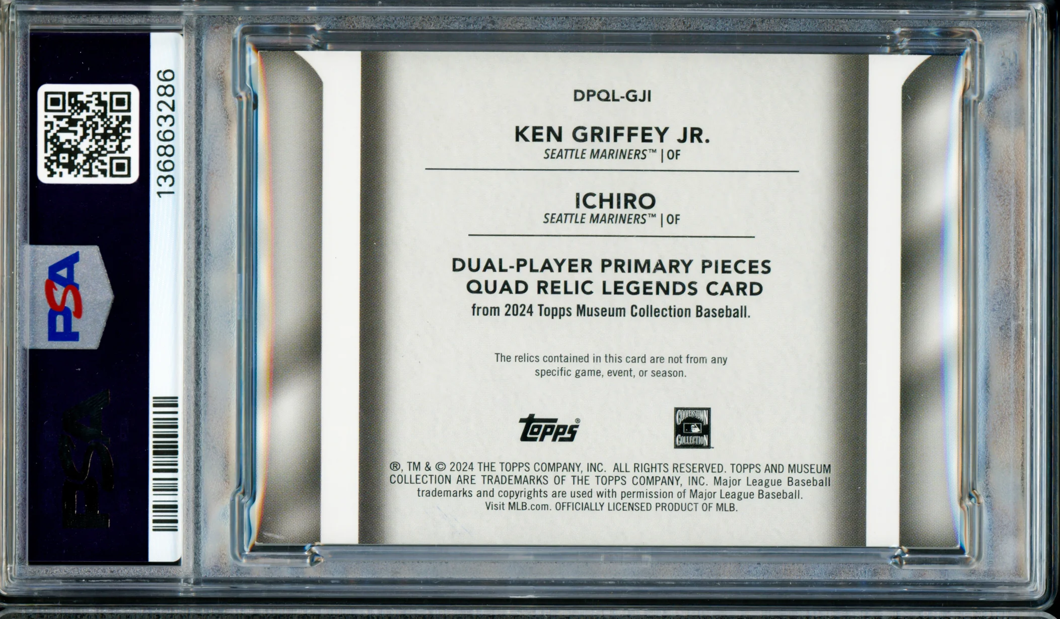 Ken Griffey Jr. & Ichiro Suzuki Autographed 2024 Topps Museum Collection Card #GJI Seattle Mariners PSA 6 Auto Grade Mint 9 #37/49 PSA/DNA #136863286 - Image 2