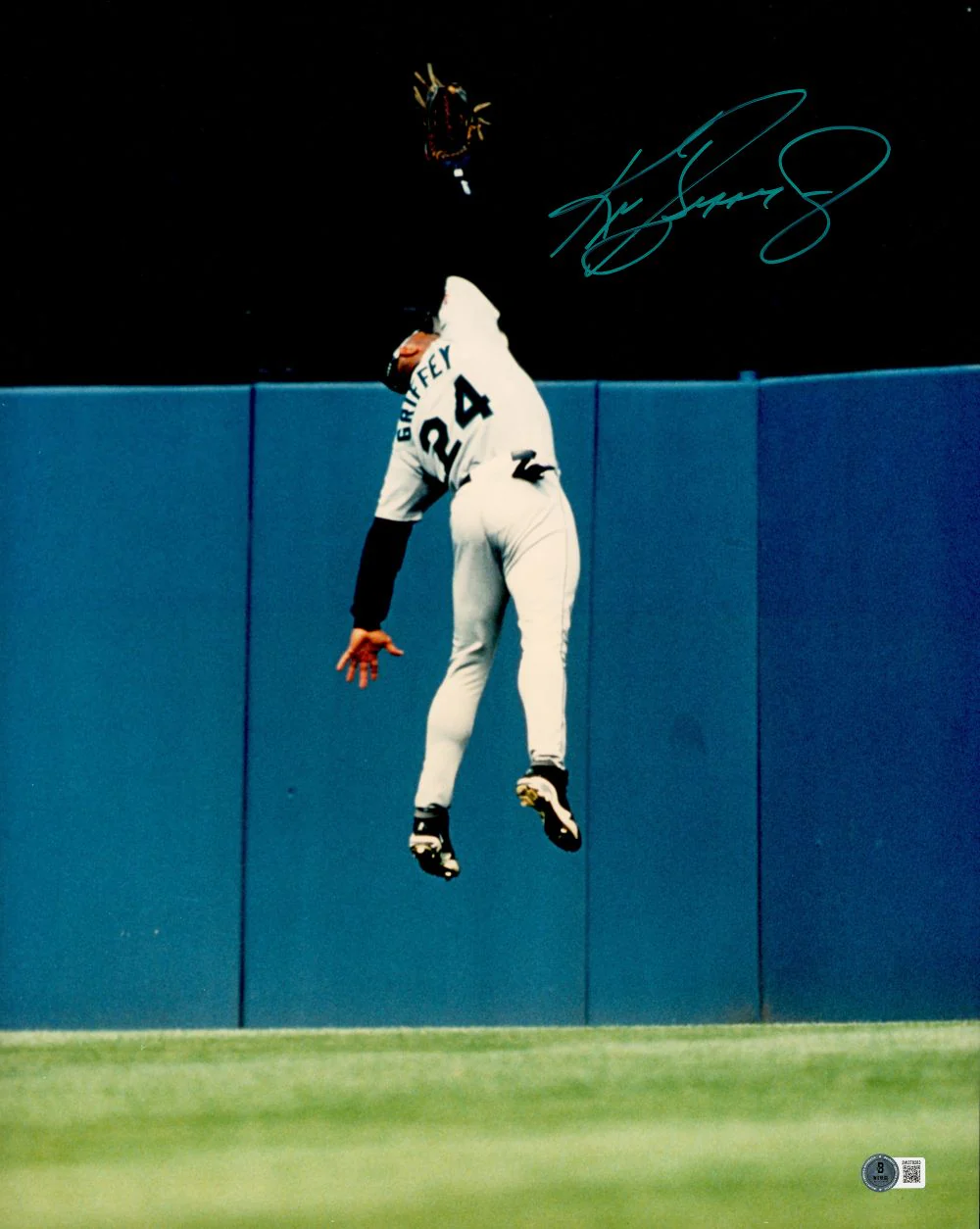 Ken Griffey Jr Signed 16x20 Seattle Mariners Wall Catch Photo BAS
