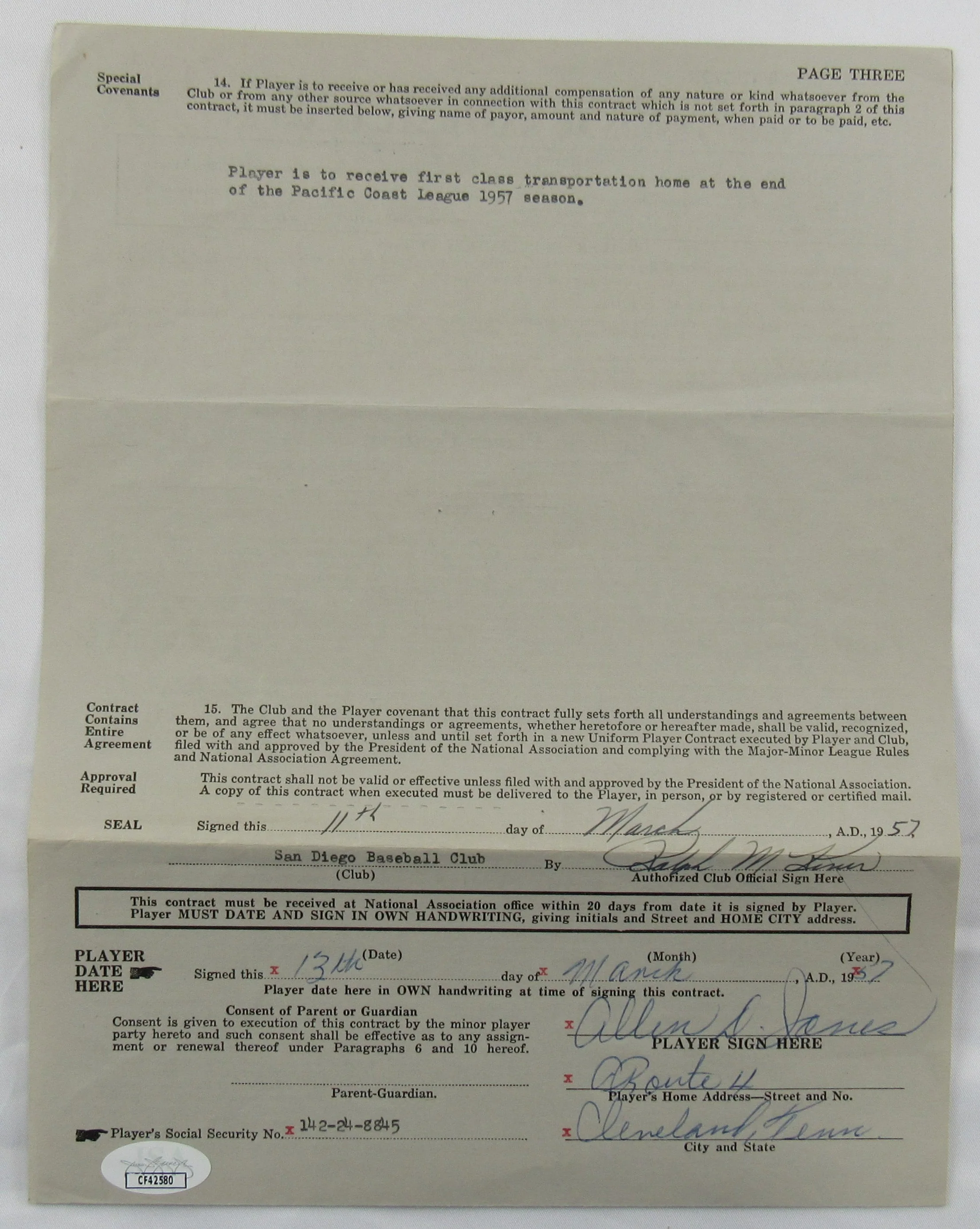 Ralph Kiner Signed Auto Contract JSA CF42580