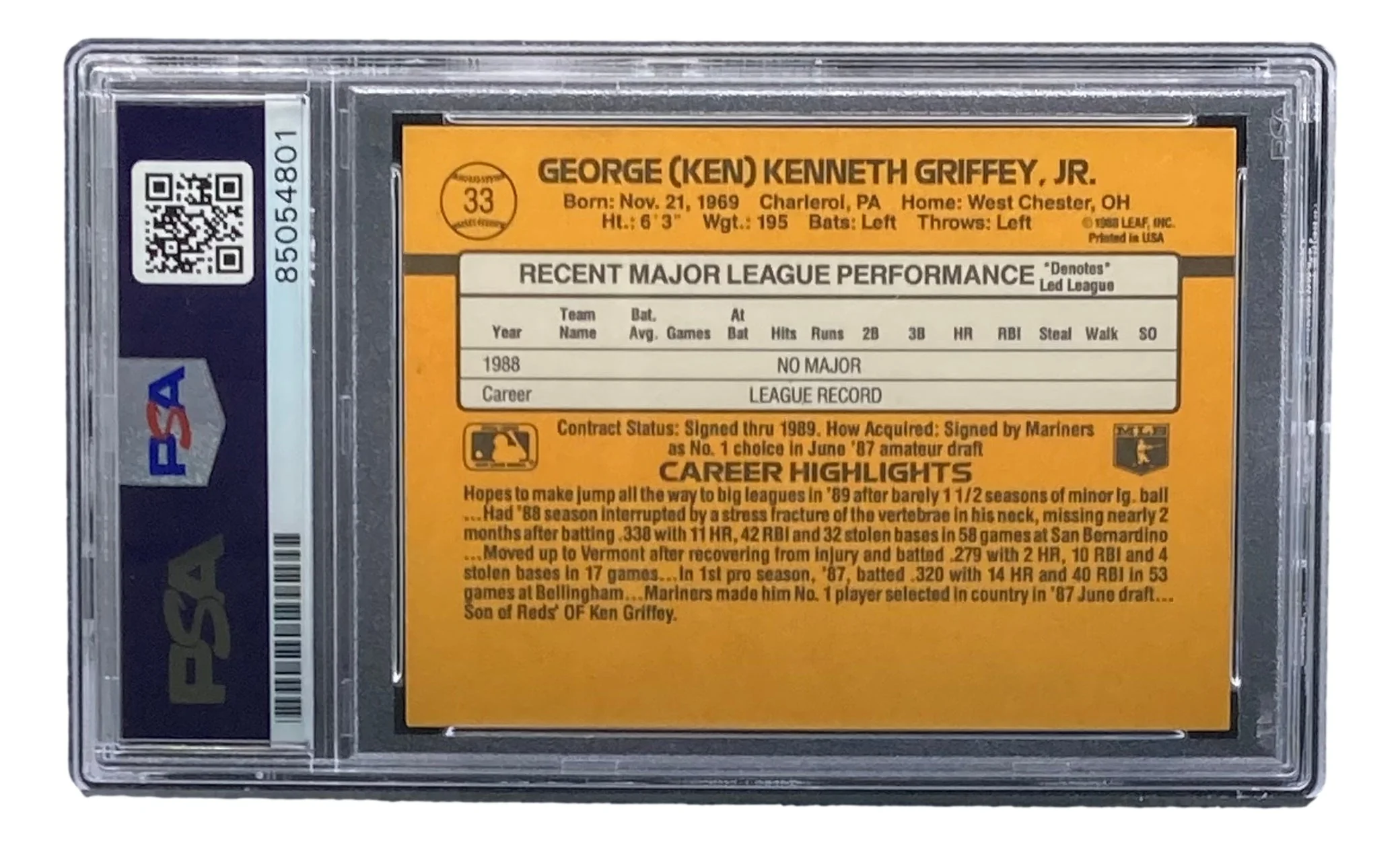 Ken Griffey Jr Signed Mariners 1989 Donruss #33 Rookie Card PSA/DNA Gem MT 10 - Image 2