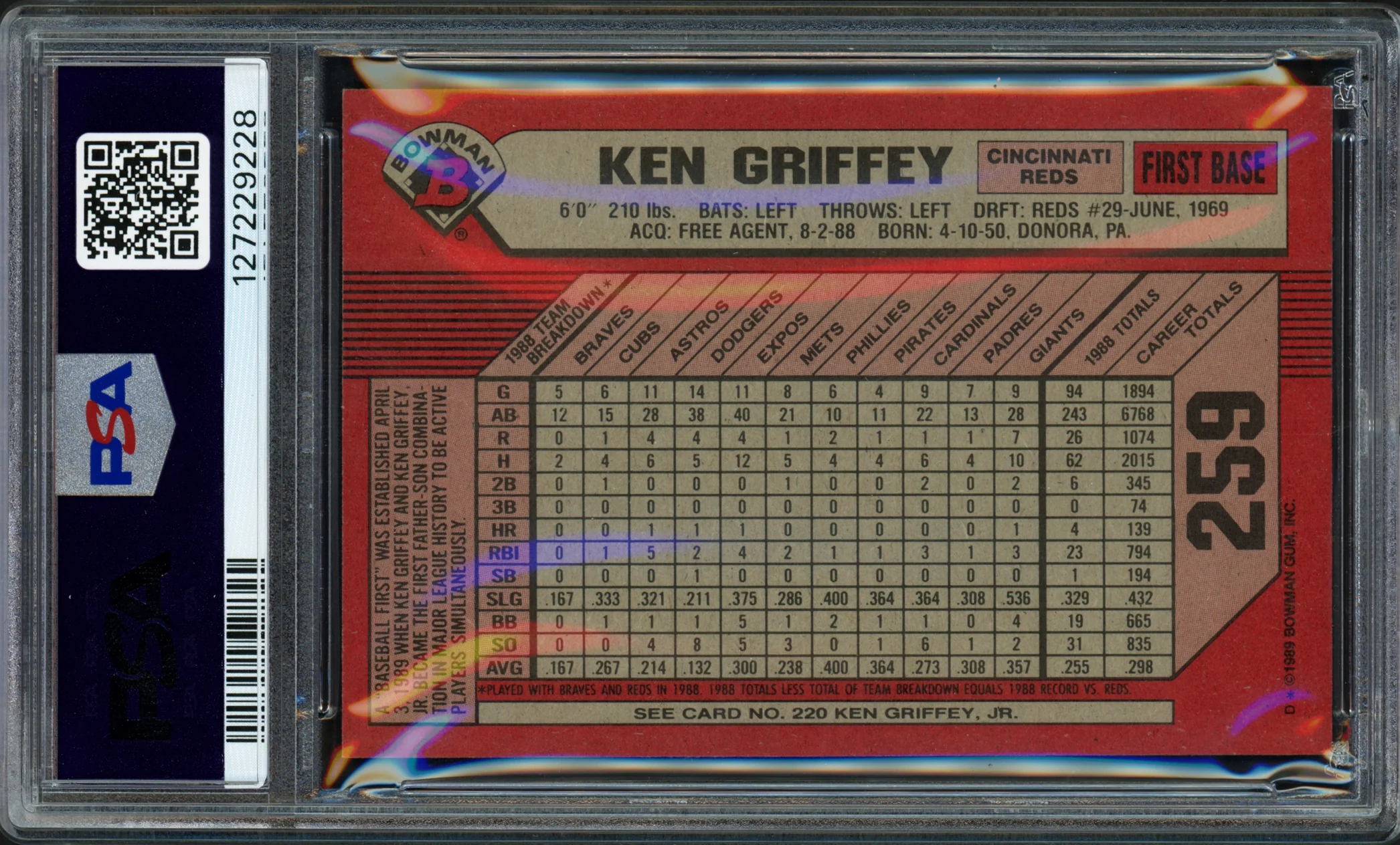 Ken Griffey Jr. & Sr. Autographed 1989 Bowman Rookie Card #259 PSA 7 Auto Grade Gem Mint 10 PSA/DNA Stock #261445 - Image 2