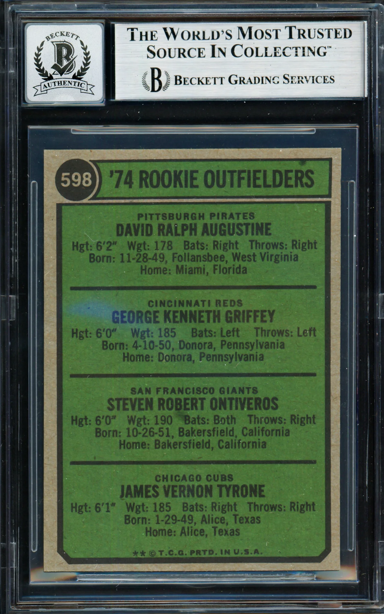 Ken Griffey Sr. Autographed 1974 Topps Rookie Card #598 Cincinnati Reds Auto Grade Gem Mint 10 Beckett BAS #18969297 - Image 2