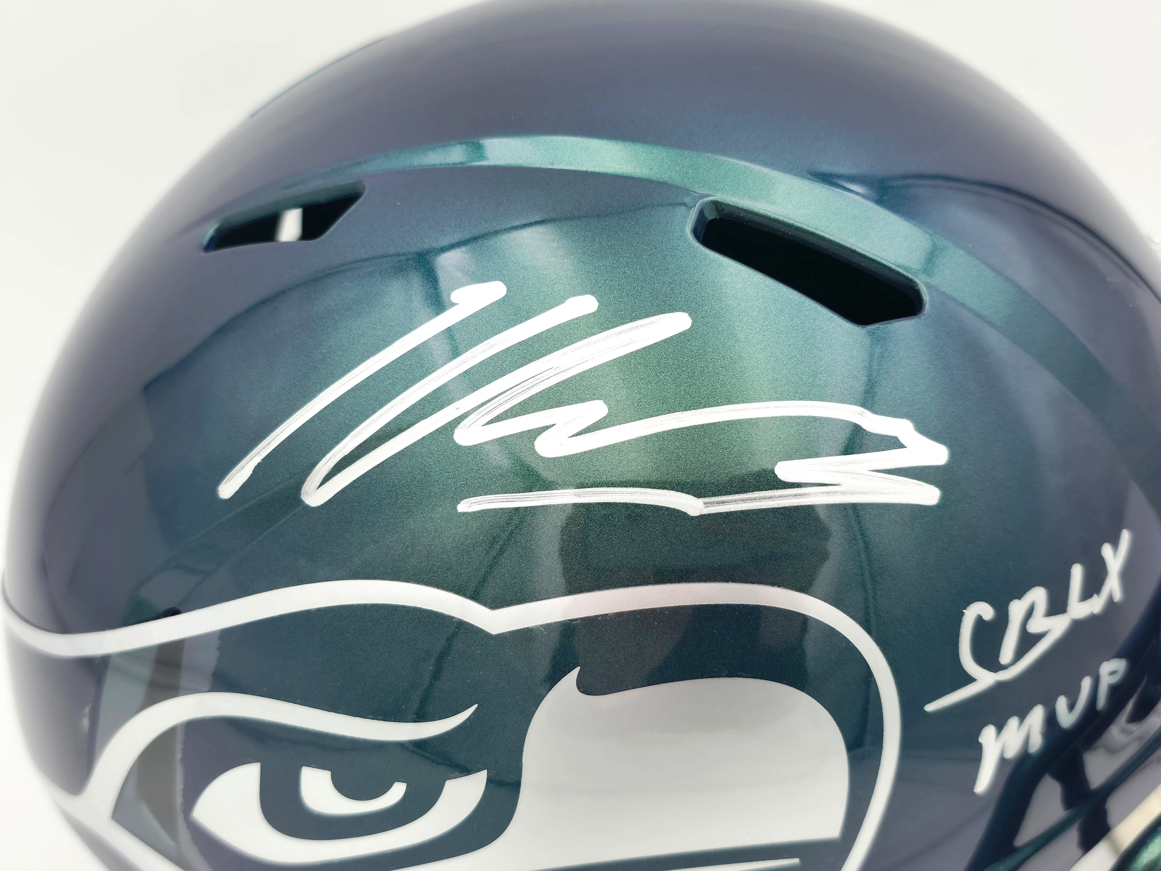 Kenneth Walker III Autographed Seattle Seahawks Metallic Green Full Size Rivalry Speed Replica Helmet "SB LX MVP" Beckett BAS Witness Stock #262128 - Image 2