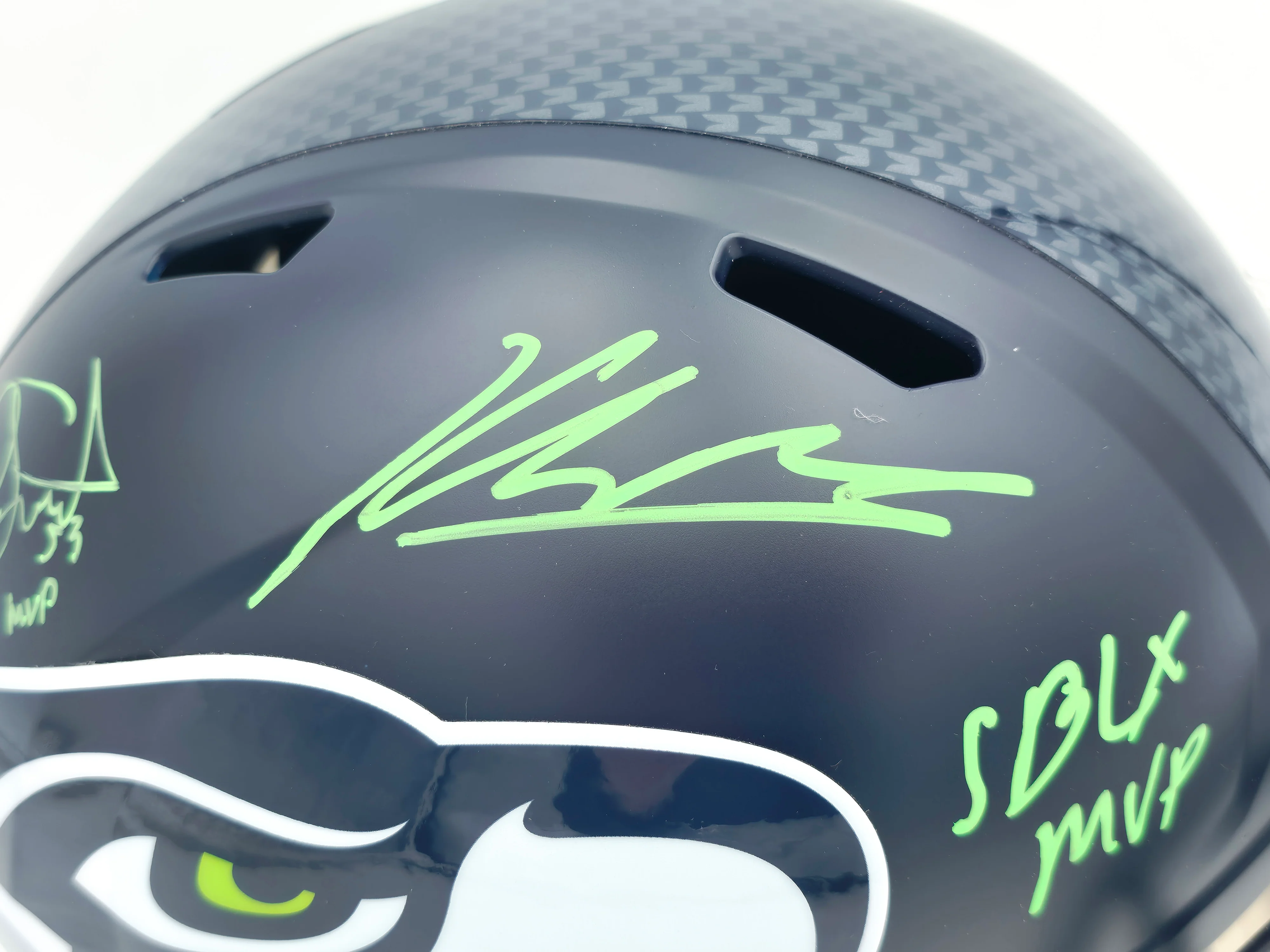 Kenneth Walker III & Malcolm Smith Autographed Seattle Seahawks Blue Full Size Speed Replica Helmet "SB LX MVP, SB LXVIII MVP" Beckett BAS Witness Stock #262125 - Image 2