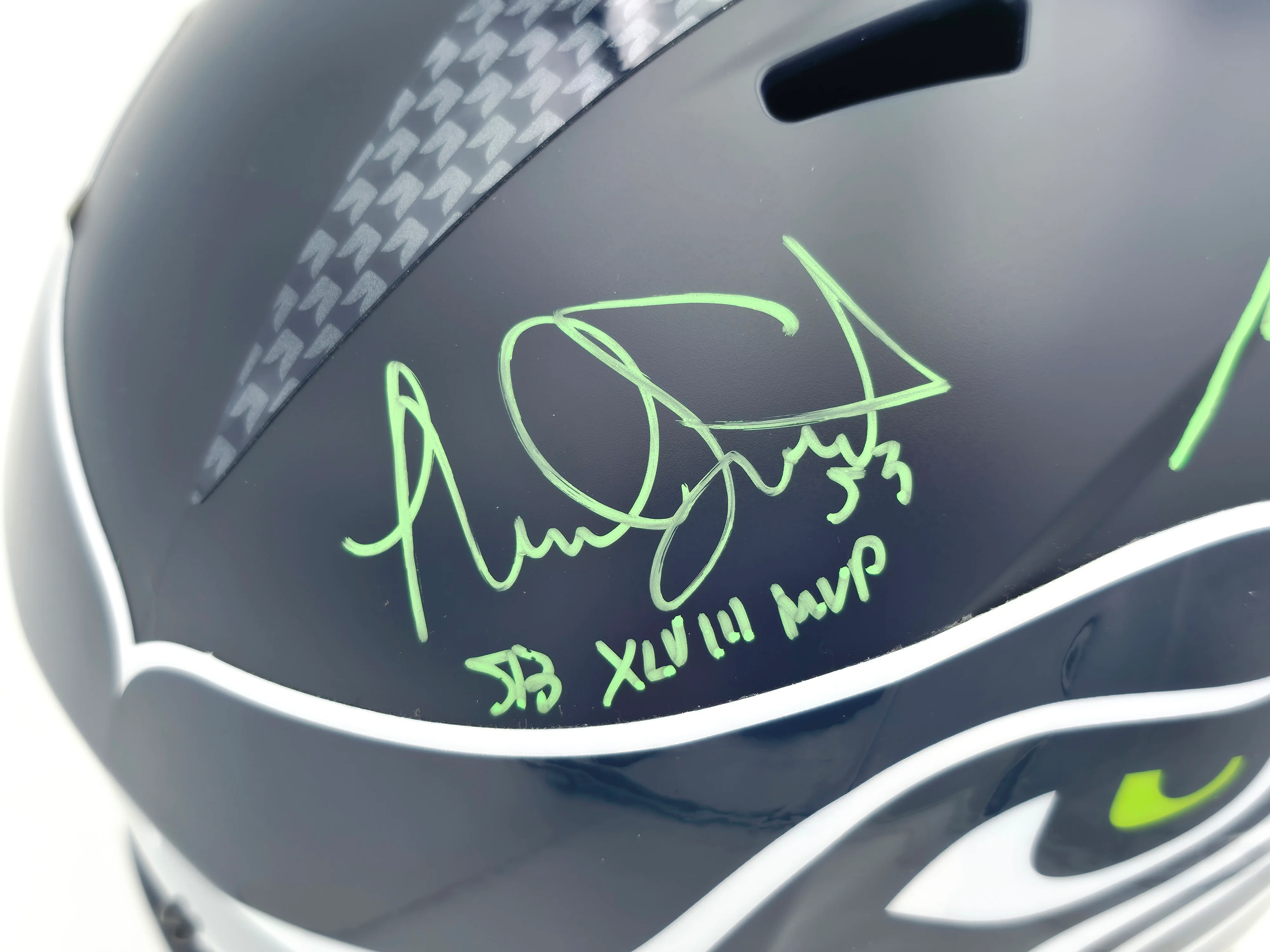 Kenneth Walker III & Malcolm Smith Autographed Seattle Seahawks Blue Full Size Speed Replica Helmet "SB LX MVP, SB LXVIII MVP" Beckett BAS Witness Stock #262125 - Image 3