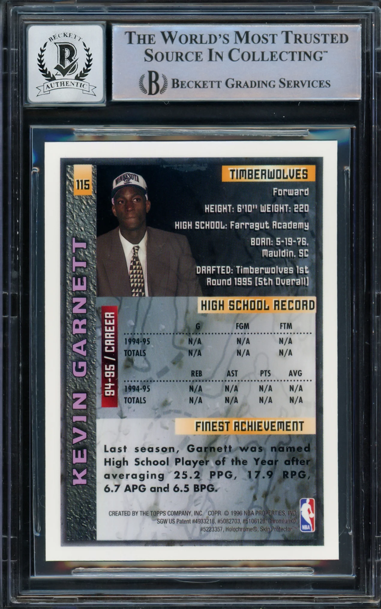 Kevin Garnett Autographed 1995-96 Finest Rookie Card #115 Minnesota Timberwolves Auto Grade Gem Mint 10 Beckett BAS #14392811 - Image 2