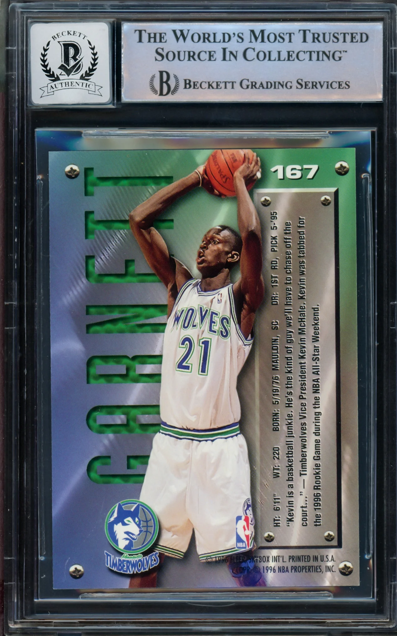 Kevin Garnett Autographed 1995-96 Fleer Metal Rookie Card #167 Minnesota Timberwolves Auto Grade Gem Mint 10 Beckett BAS Stock #215495 - Image 2