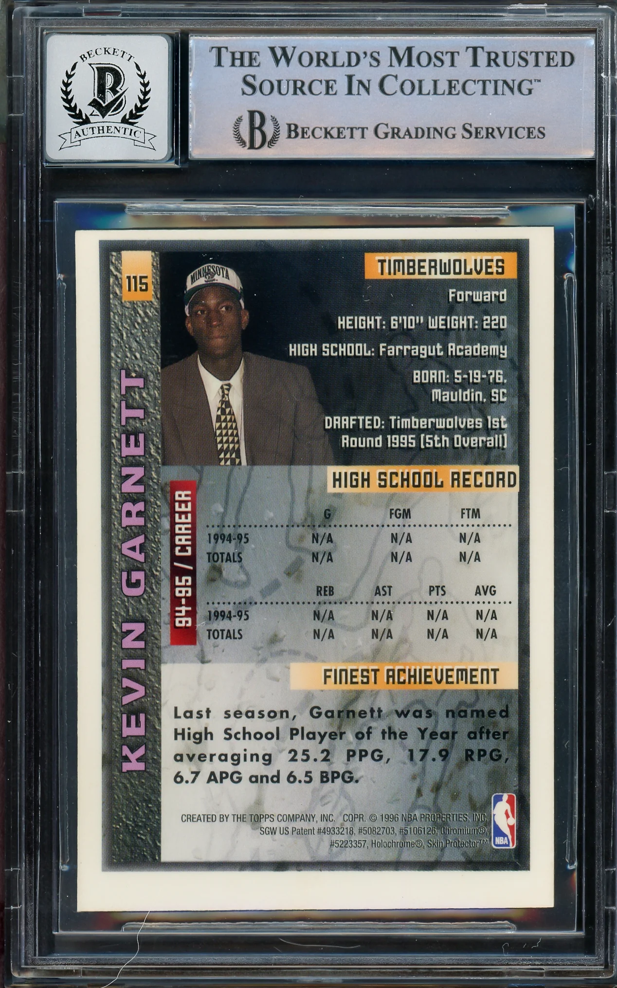 Kevin Garnett Autographed 1995-96 Topps Finest Rookie Card #115 Minnesota Timberwolves Auto Grade Gem Mint 10 Beckett BAS #14392815 - Image 2