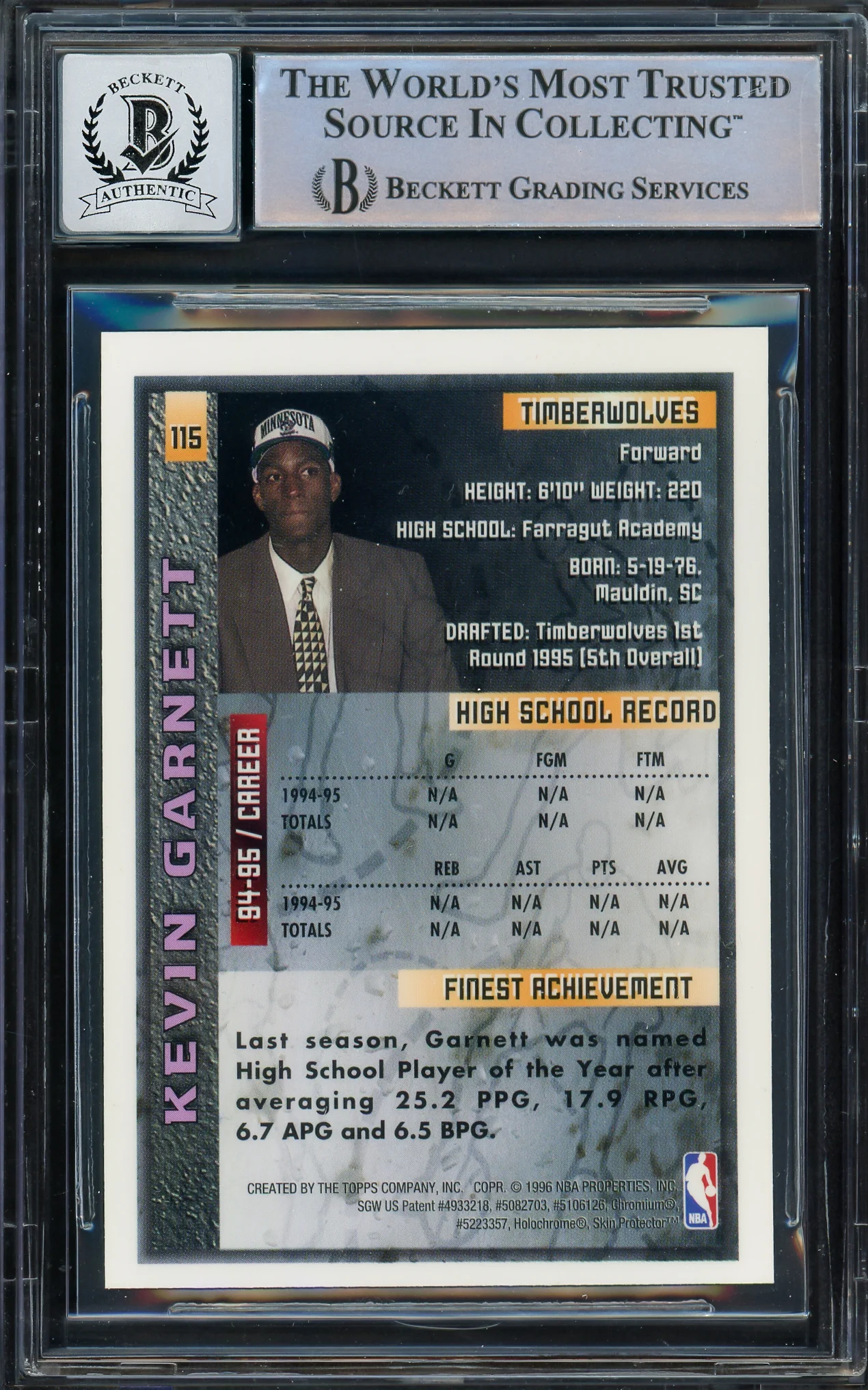 Kevin Garnett Autographed 1995-96 Topps Finest Rookie Card #115 Minnesota Timberwolves Auto Grade Gem Mint 10 Beckett BAS #14392819 - Image 2