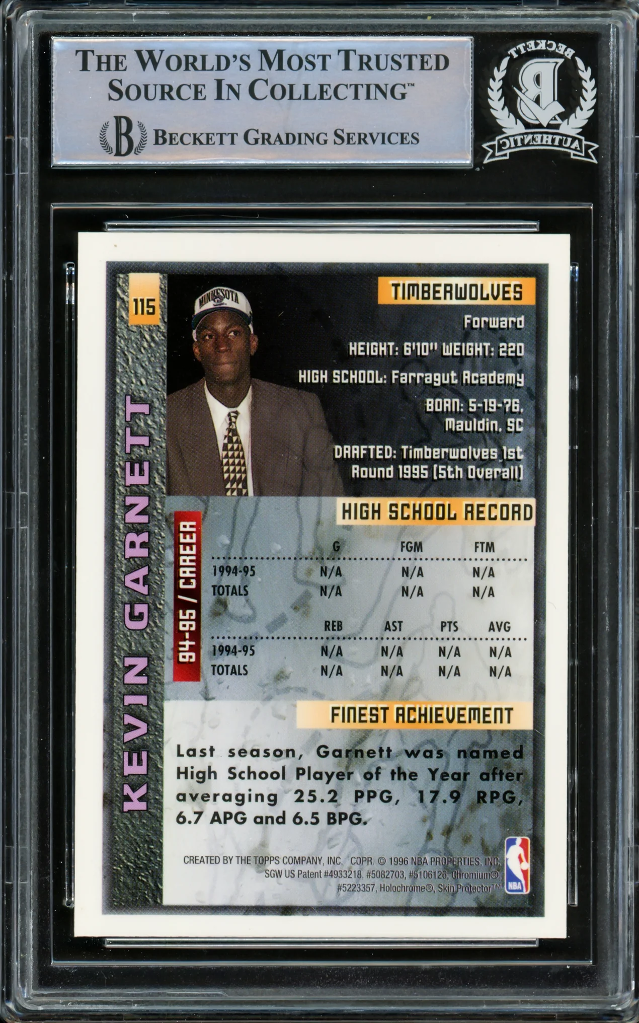 Kevin Garnett Autographed 1995-96 Topps Finest Rookie Card #115 Minnesota Timberwolves Beckett BAS #14612505 - Image 2