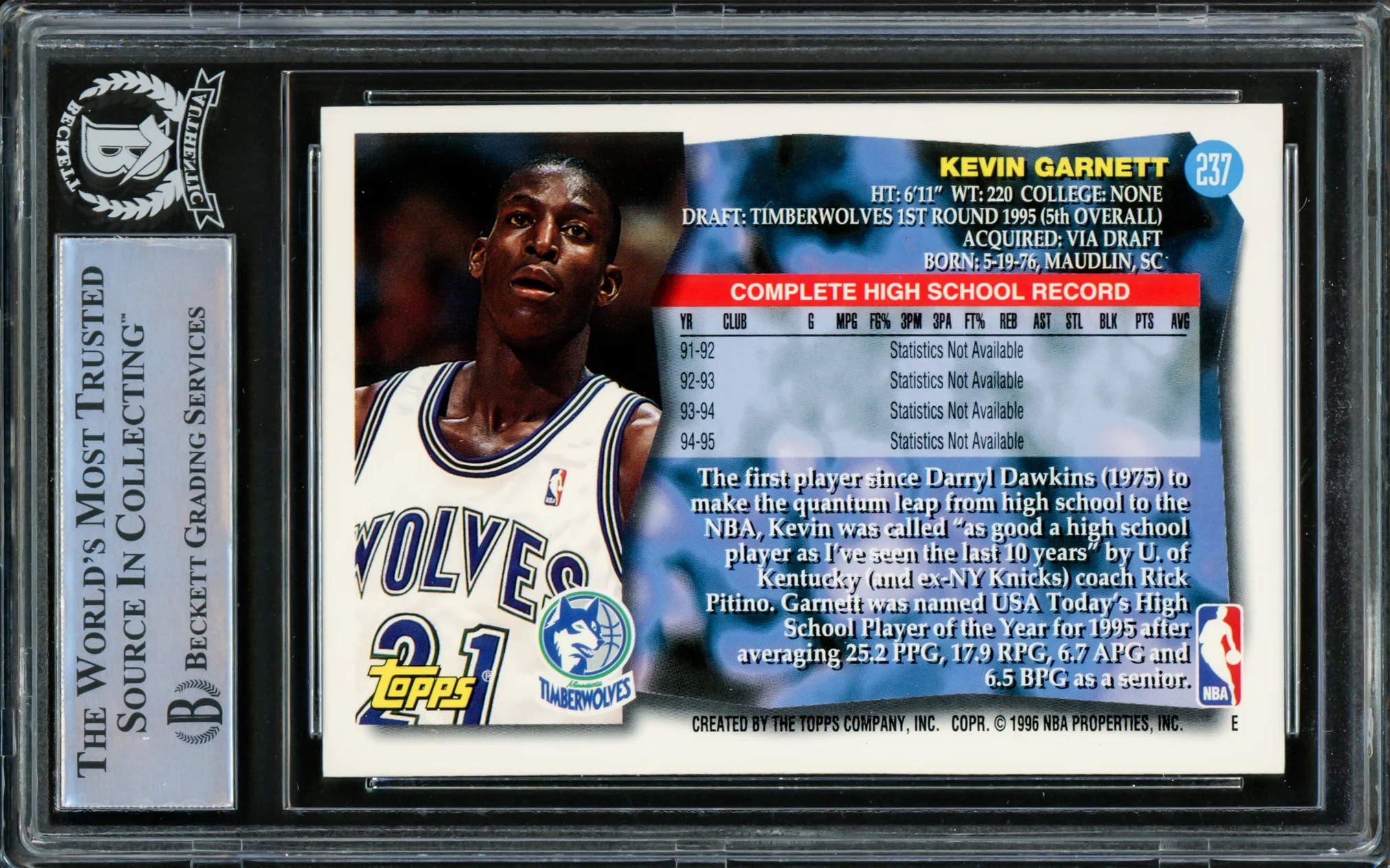 Kevin Garnett Autographed 1995-96 Topps Rookie Card #237 Minnesota Timberwolves Beckett BAS Stock #220334 - Image 2