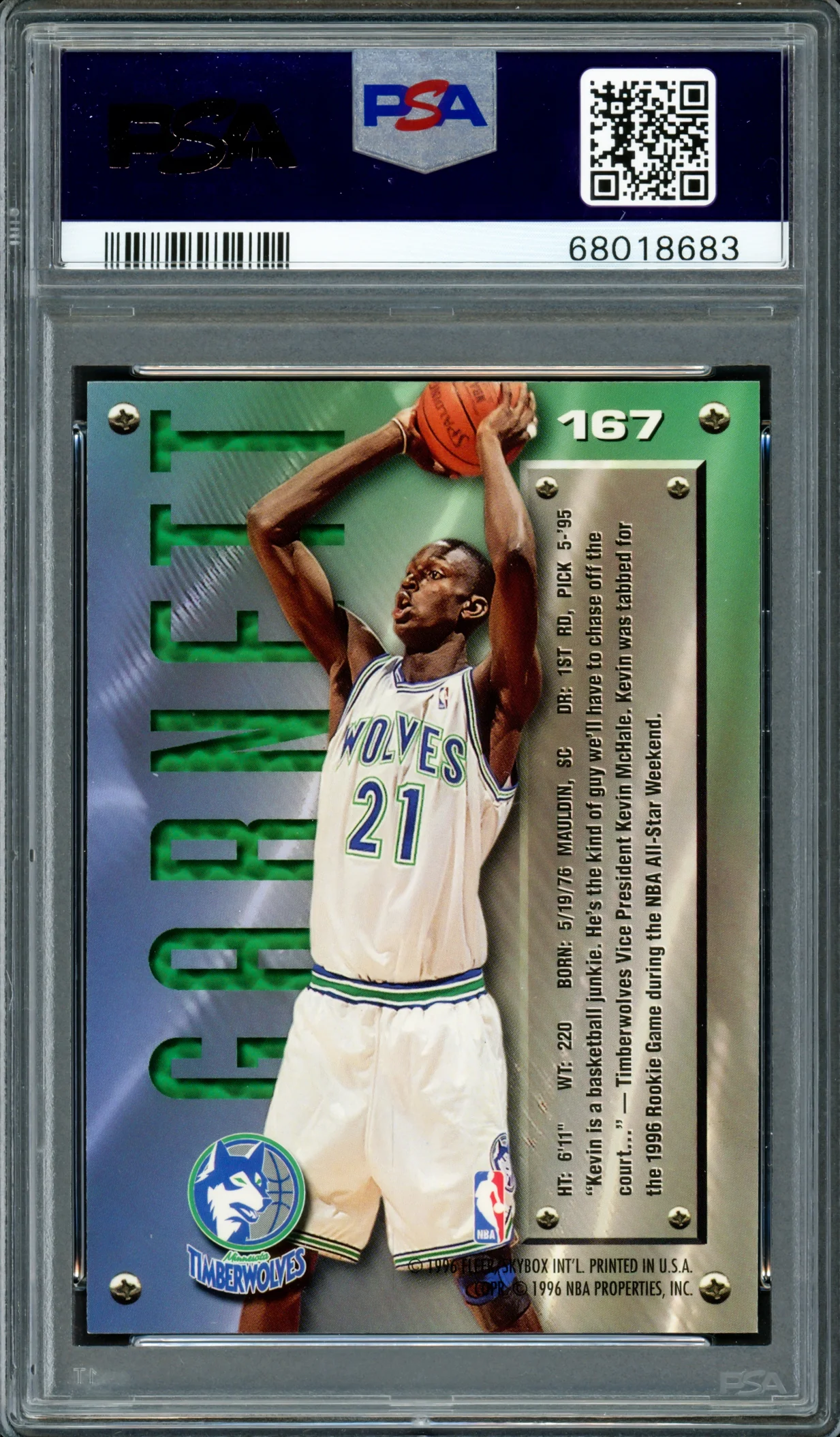 Kevin Garnett Autographed 1995 Fleer Metal Rookie Card #167 Minnesota Timberwolves PSA 9 Auto Grade Gem Mint 10 PSA/DNA Stock #211166 - Image 2