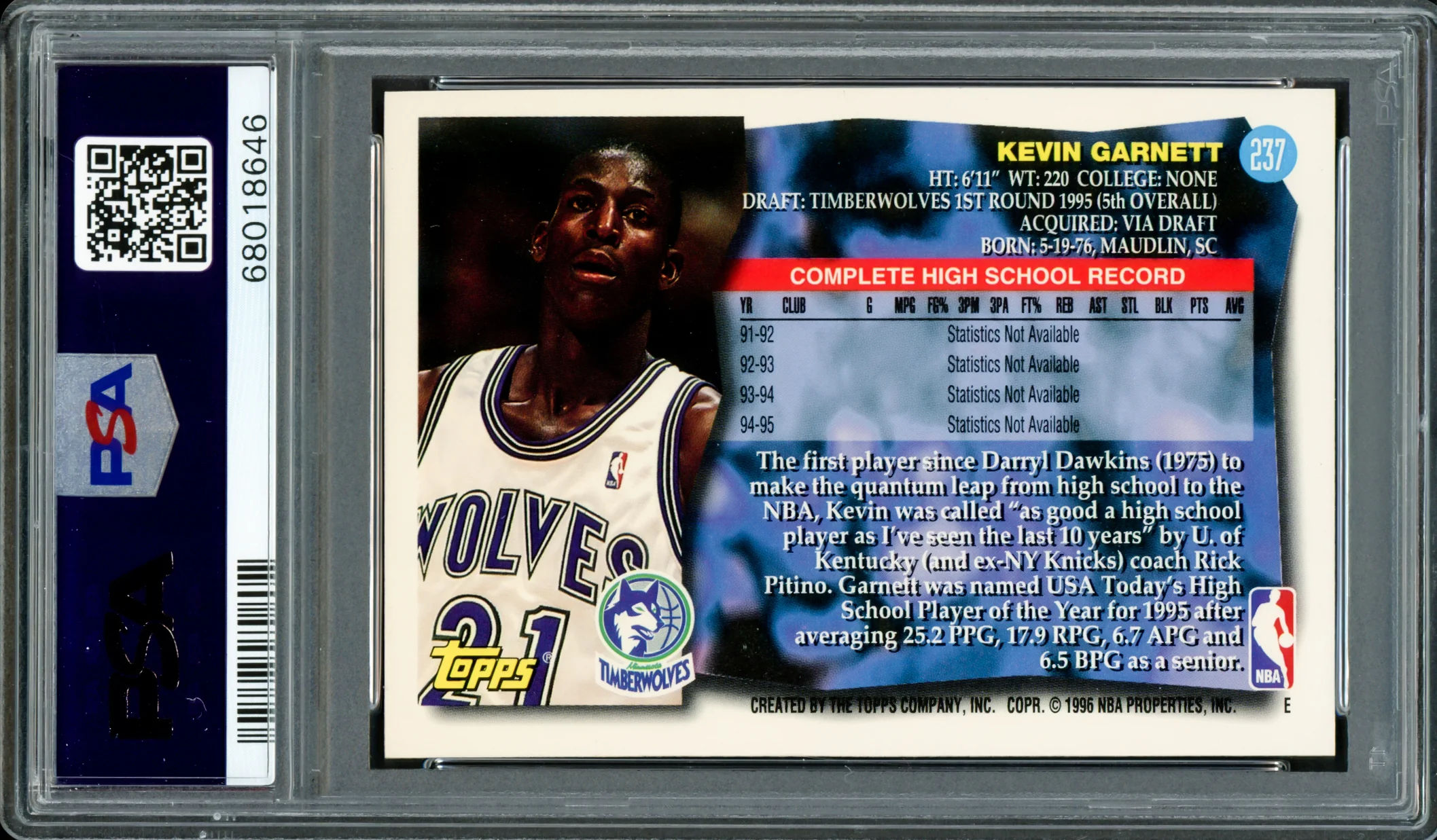 Kevin Garnett Autographed 1995-96 Topps Rookie Card #237 Minnesota Timberwolves PSA 7 Auto Grade Gem Mint 10 PSA/DNA #68018646 - Image 2
