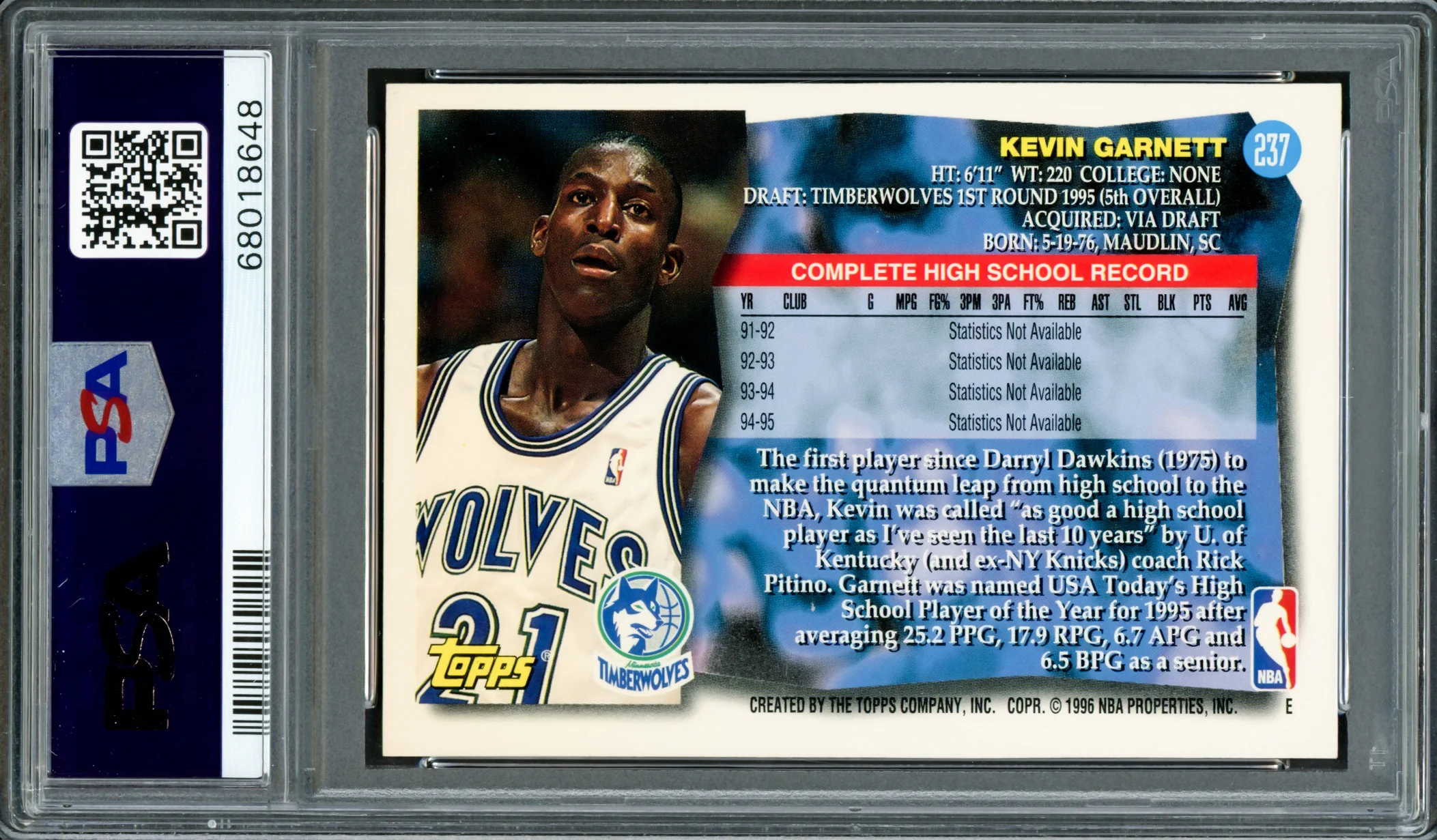 Kevin Garnett Autographed 1995-96 Topps Rookie Card #237 Minnesota Timberwolves PSA 7 Auto Grade Gem Mint 10 PSA/DNA #68018648 - Image 2