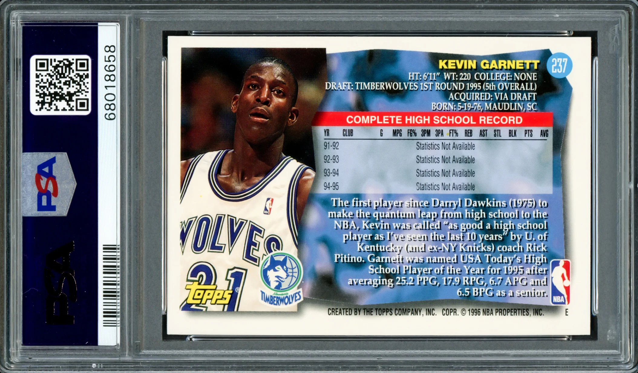 Kevin Garnett Autographed 1995 Topps Rookie Card #237 Minnesota Timberwolves PSA 8 Auto Grade Gem Mint 10 PSA/DNA Stock #211162 - Image 2