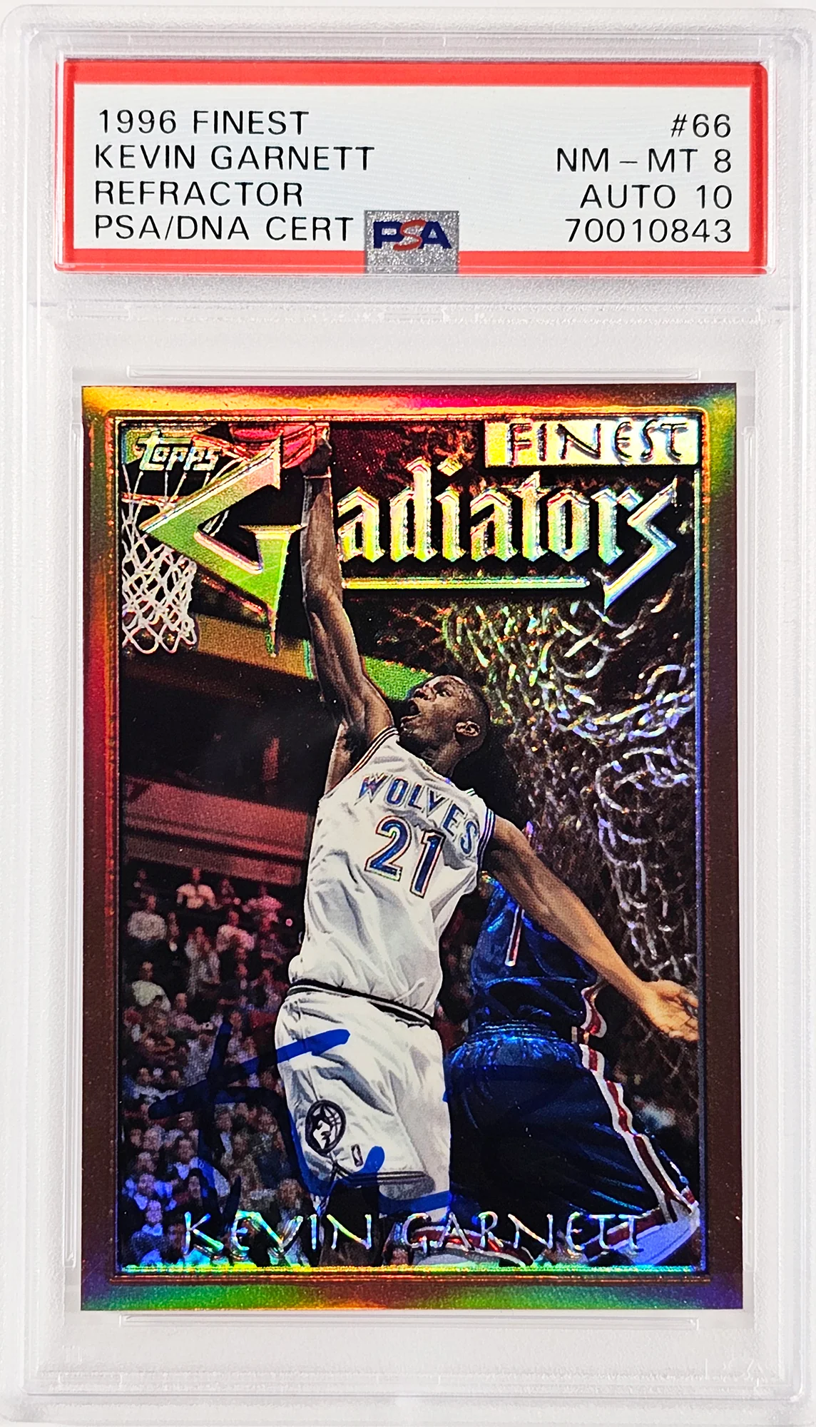 Kevin Garnett Autographed 1996 Finest Refractor Rookie Card #66 Minnesota Timberwolves PSA 8 Auto Grade Gem Mint 10 PSA/DNA #70010843 - Image 2