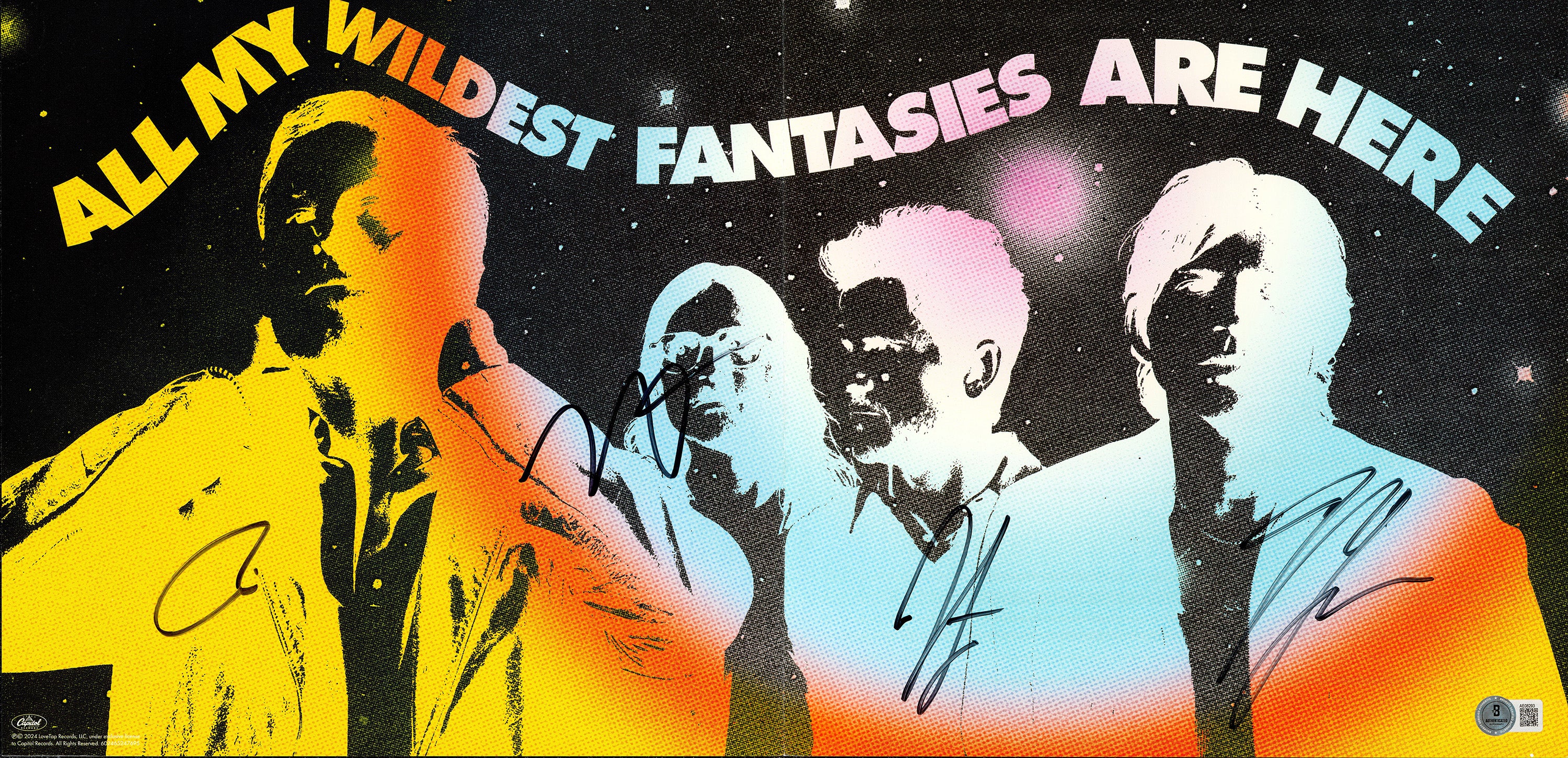 Kings of Leon Autographed 12x24 Poster Insert "All My Wildest Fantasies Are Here" Signed By All 4 Followill Band Members (With Vinyl & Record) Beckett BAS #AE08293
