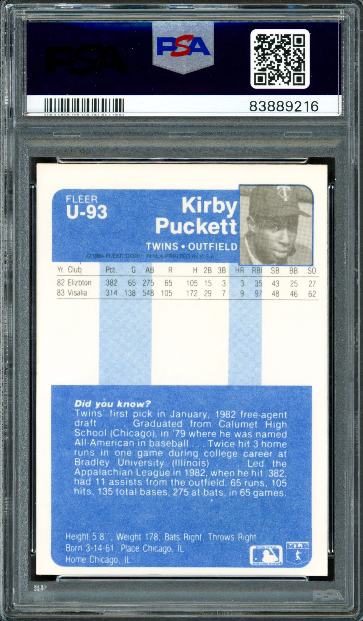 Kirby Puckett Autographed 1984 Fleer Update Rookie Card #U-93 Minnesota Twins Auto Grade Mint 9 PSA/DNA #83889216 - Image 2