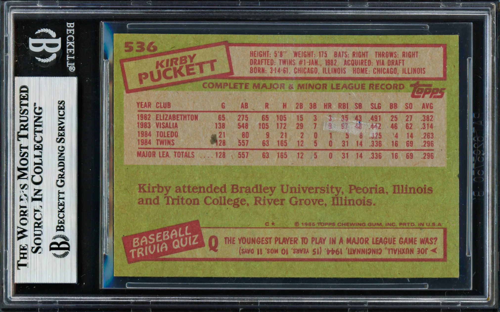 Kirby Puckett Autographed 1985 Topps Rookie Card #536 Minnesota Twins Beckett BAS #18629075 - Image 2