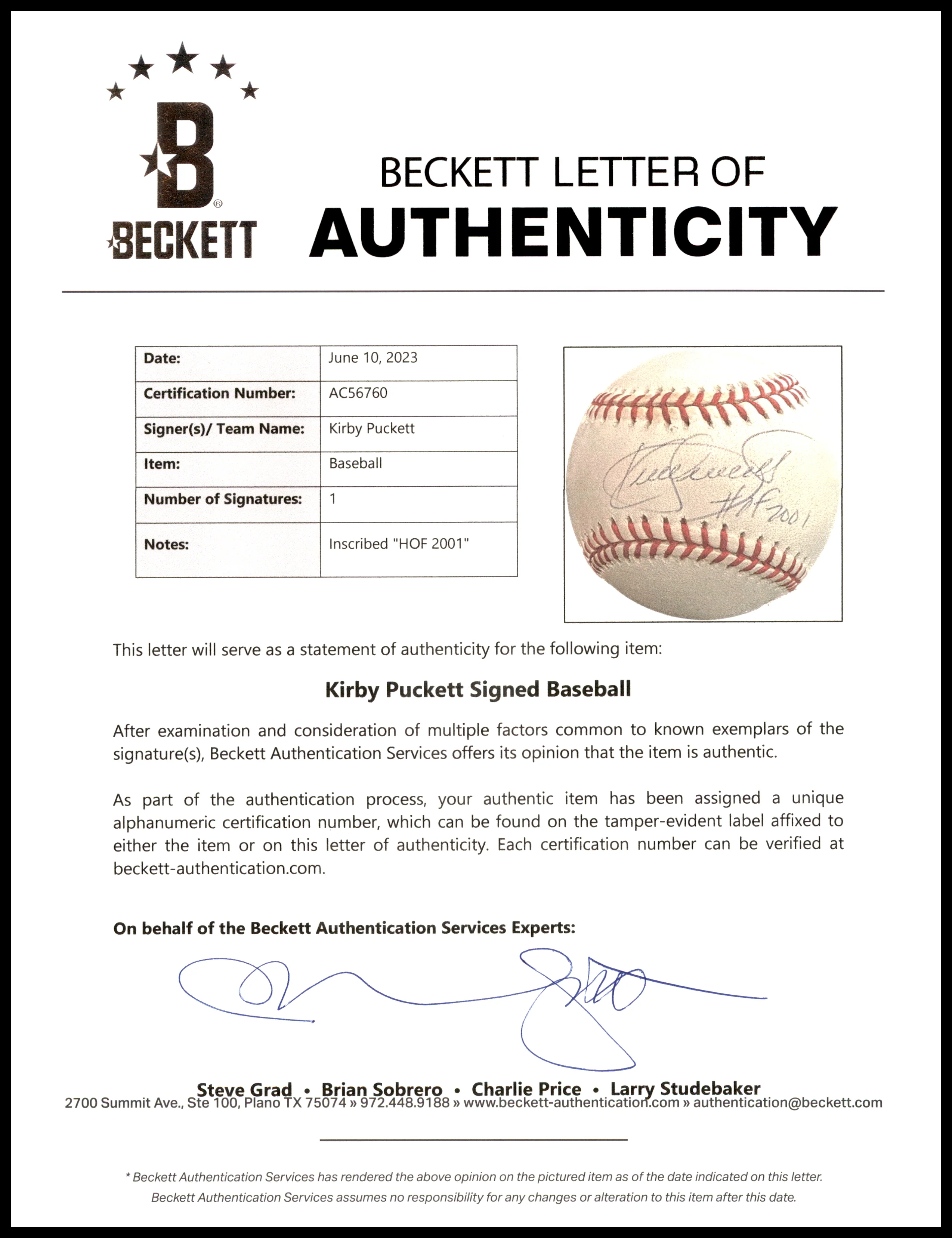 Kirby Puckett Autographed Official Baseball Minnesota Twins "HOF 2001" Steiner & Beckett BAS #AC56760 - Image 5