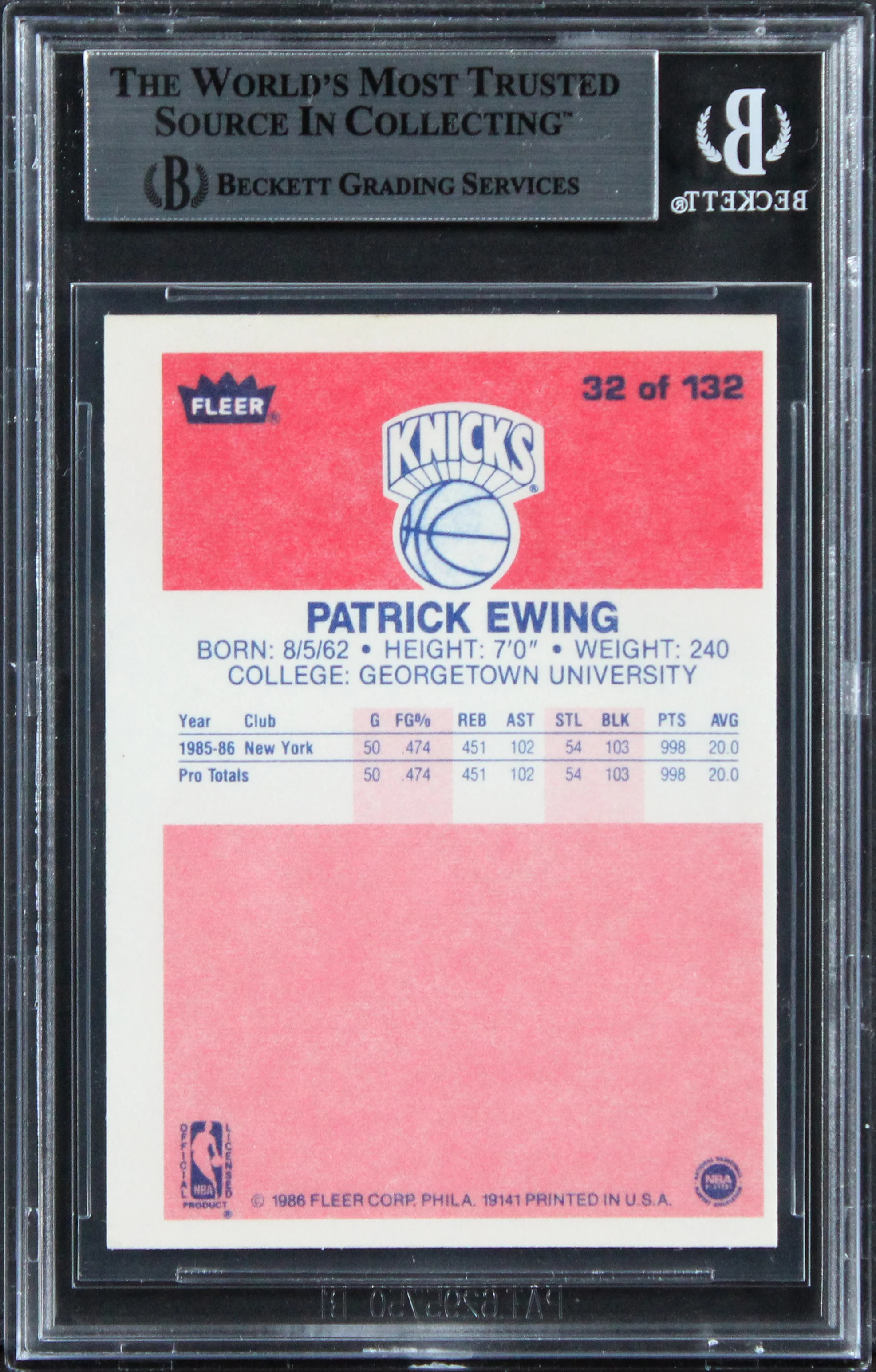 Knicks Patrick Ewing HOF 08 Authentic Signed 1986 Fleer #32 Card BAS Slabbed 2 - Image 3