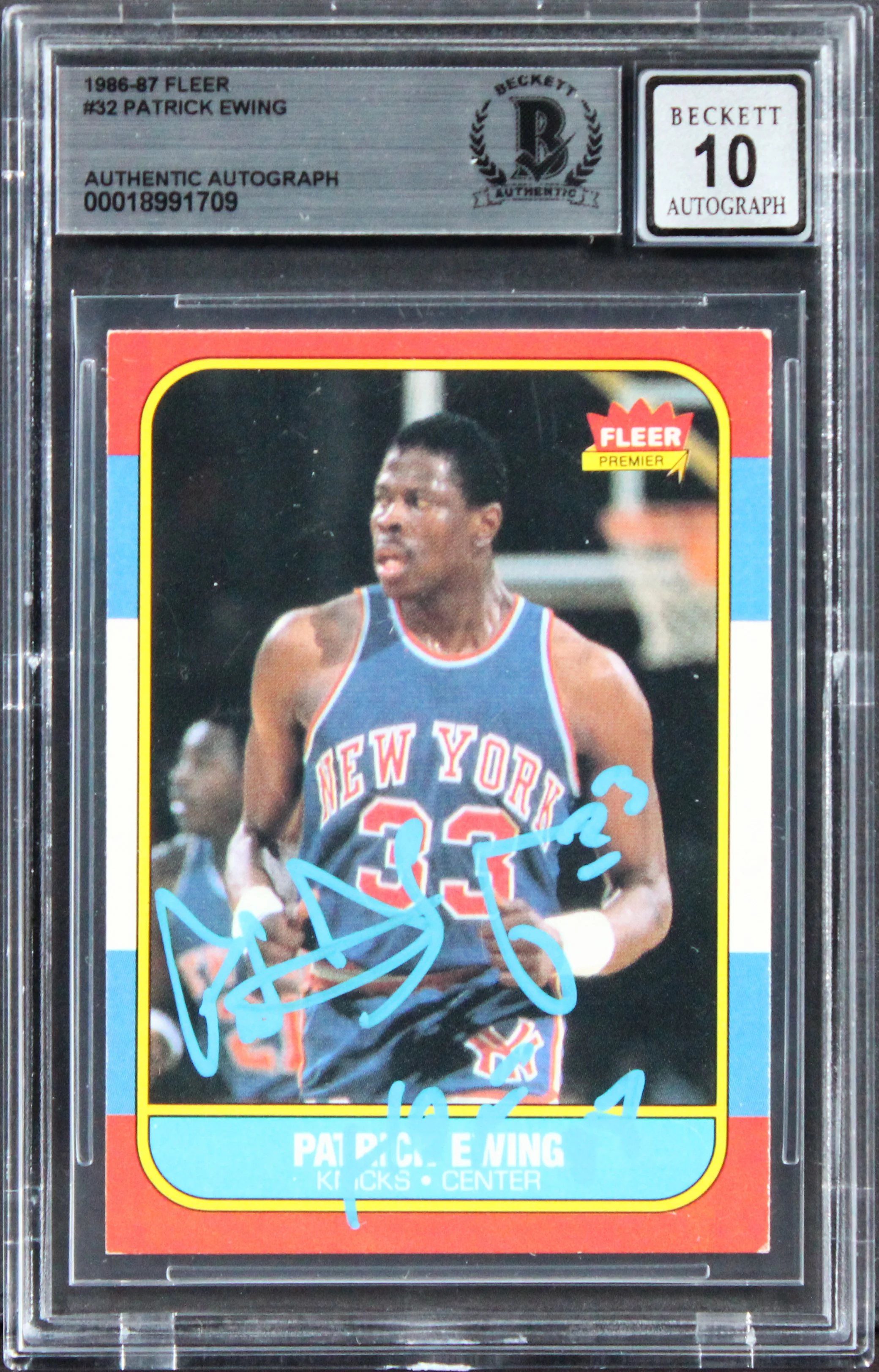 Knicks Patrick Ewing "HOF 08" Signed 1986 Fleer #32 Card Auto 10! BAS Slabbed - Image 2