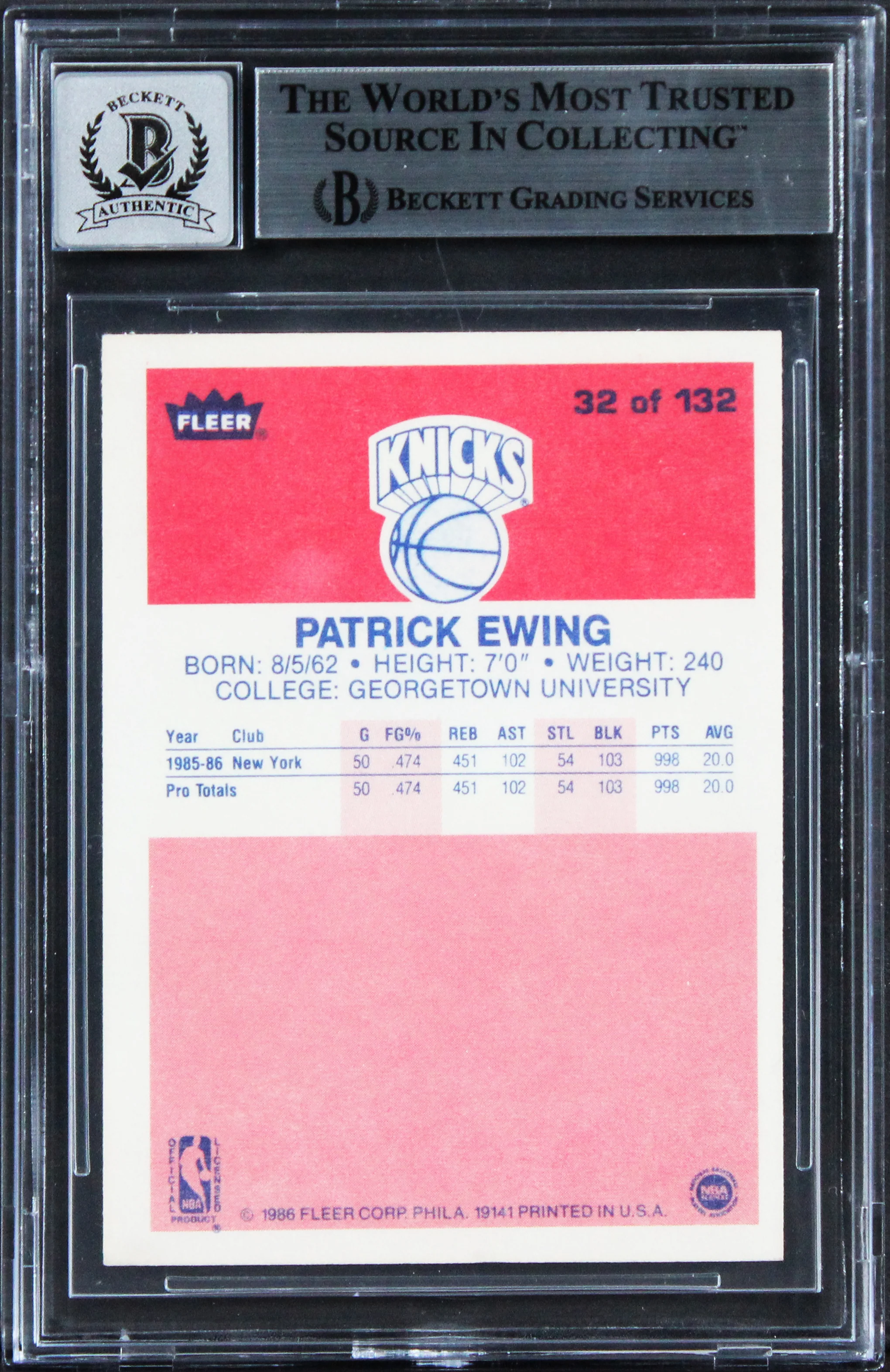 Knicks Patrick Ewing "HOF 08" Signed 1986 Fleer #32 Card Auto 10! BAS Slabbed - Image 3