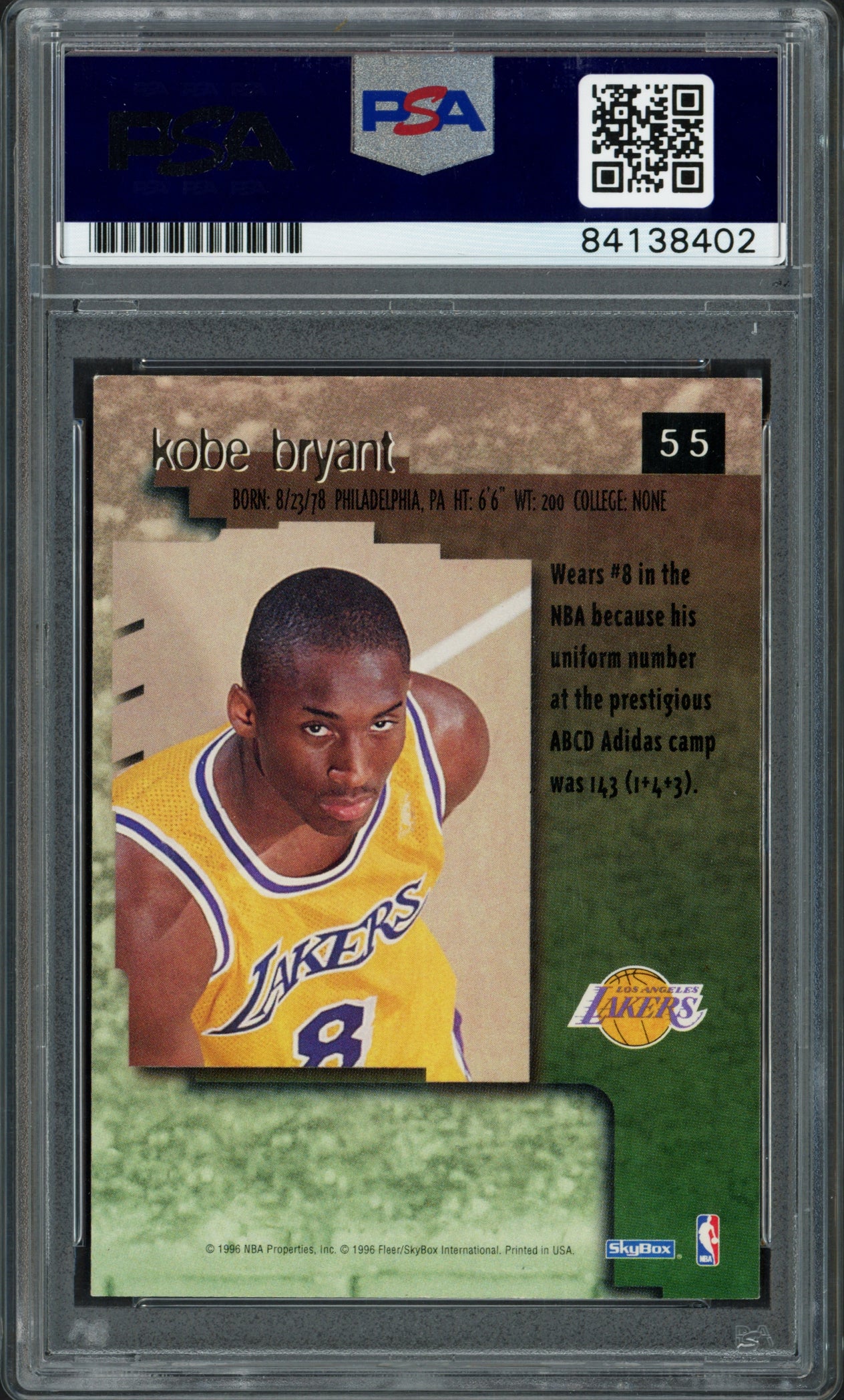Kobe Bryant Autographed 1996-97 Skybox Premium Rookie Card #55 Los Angeles Lakers PSA/DNA #84138402 - Image 2