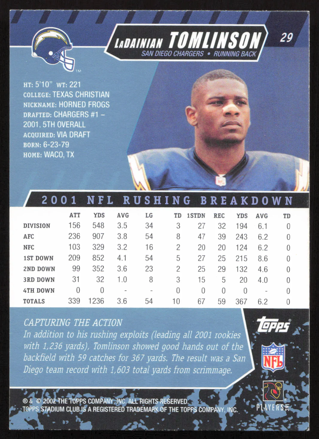 LaDainian Tomlinson Autographed 2002 Stadium Club Card #29 San Diego Chargers SKU #261398 - Image 2