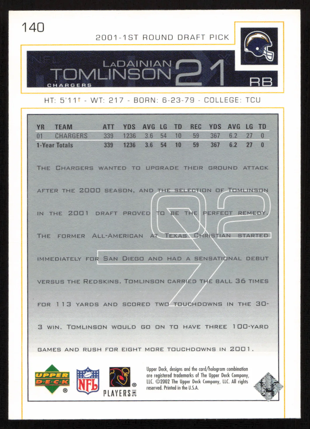 LaDainian Tomlinson Autographed 2002 Upper Deck Card #140 San Diego Chargers SKU #260551 - Image 2