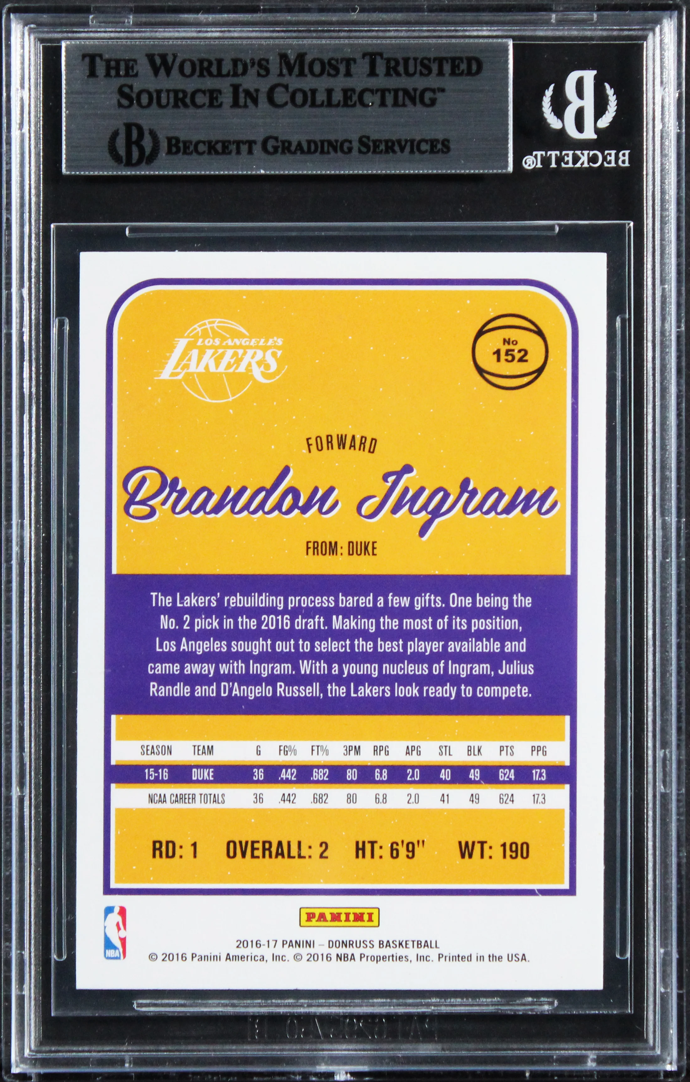 Lakers Brandon Ingram Authentic Signed 2016 Donruss #152 Rookie Card BAS Slabbed - Image 3