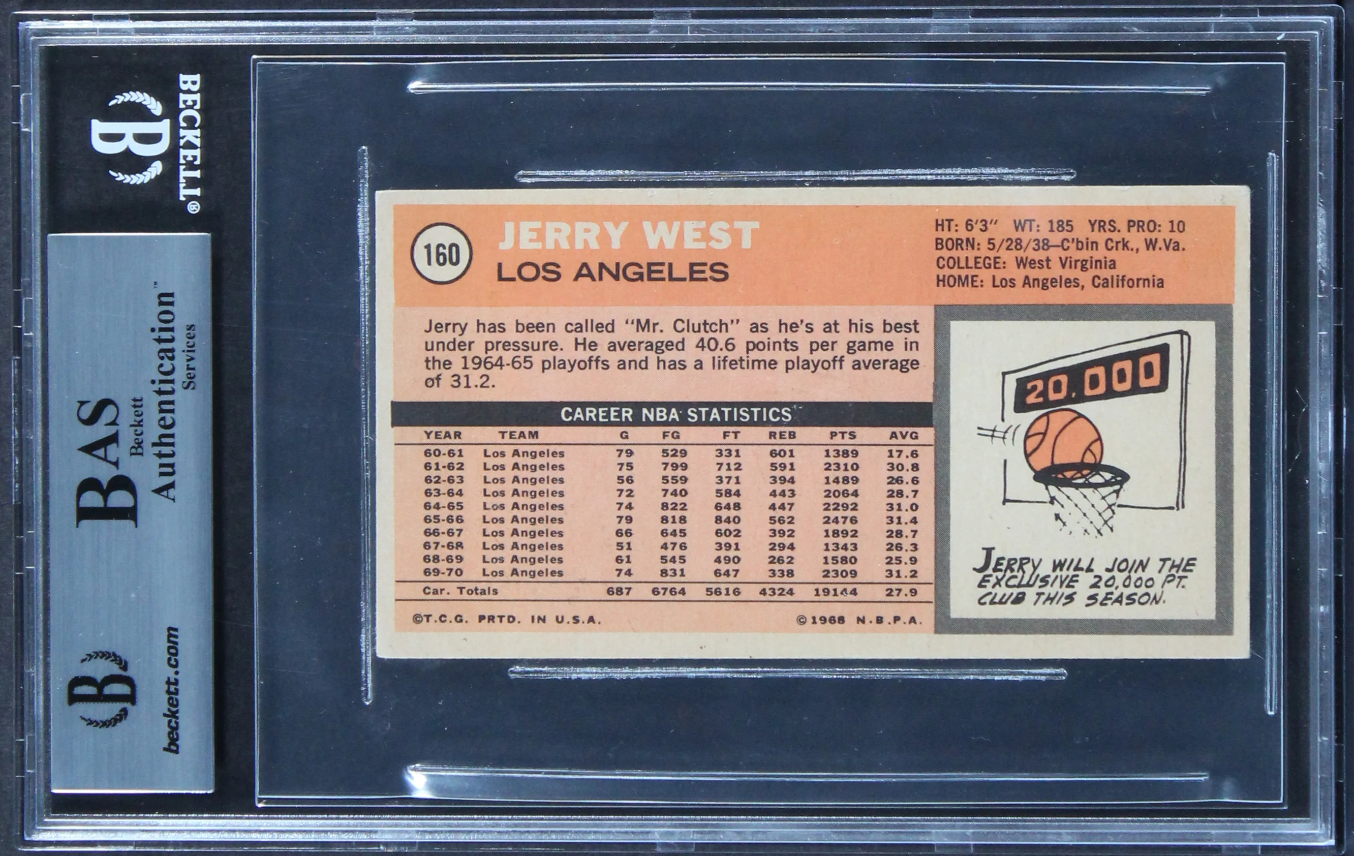 Lakers Jerry West HOF 1980-2010 Authentic Signed 1970 Topps #160 Card BAS Slab - Image 3