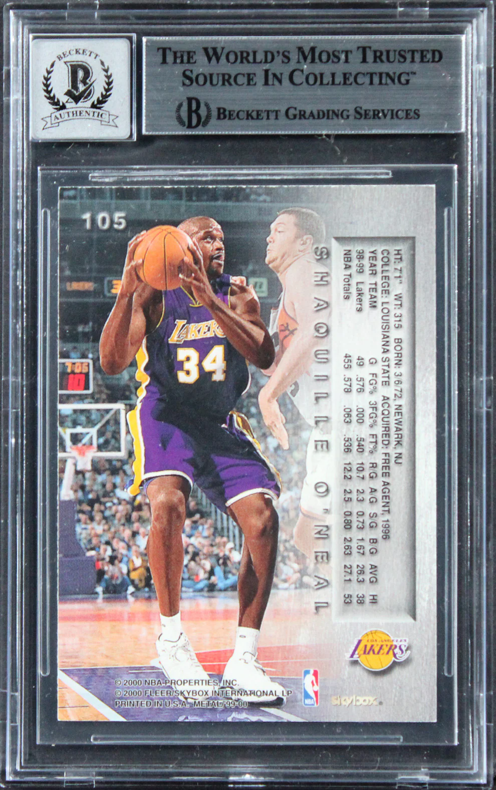 Lakers Shaquille O'Neal Signed 1999 Metal #105 Card Auto Grade 10! BAS Slabbed - Image 3