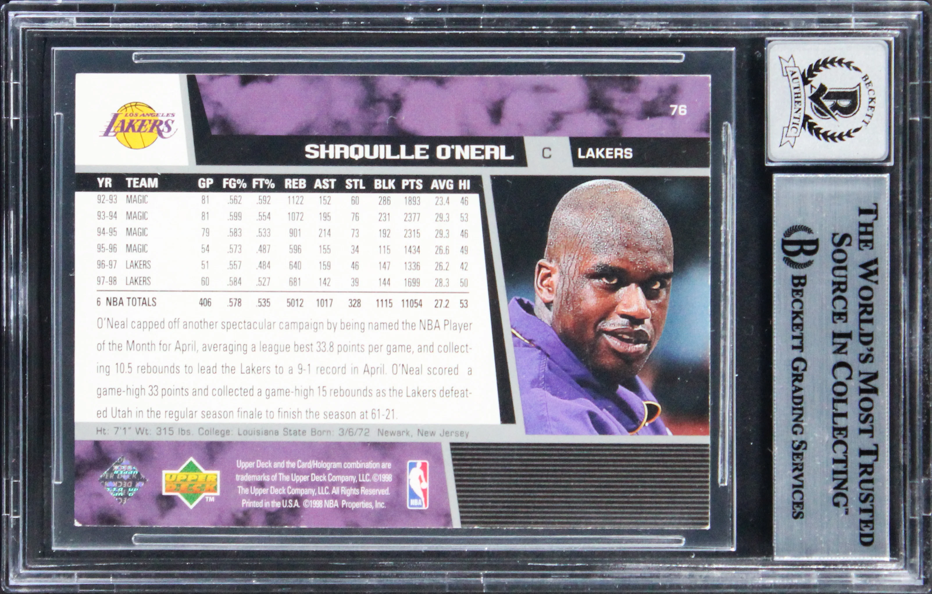 Lakers Shaquille O'Neal Signed 1999 Upper Deck #76 Card Auto 10! BAS Slabbed - Image 3