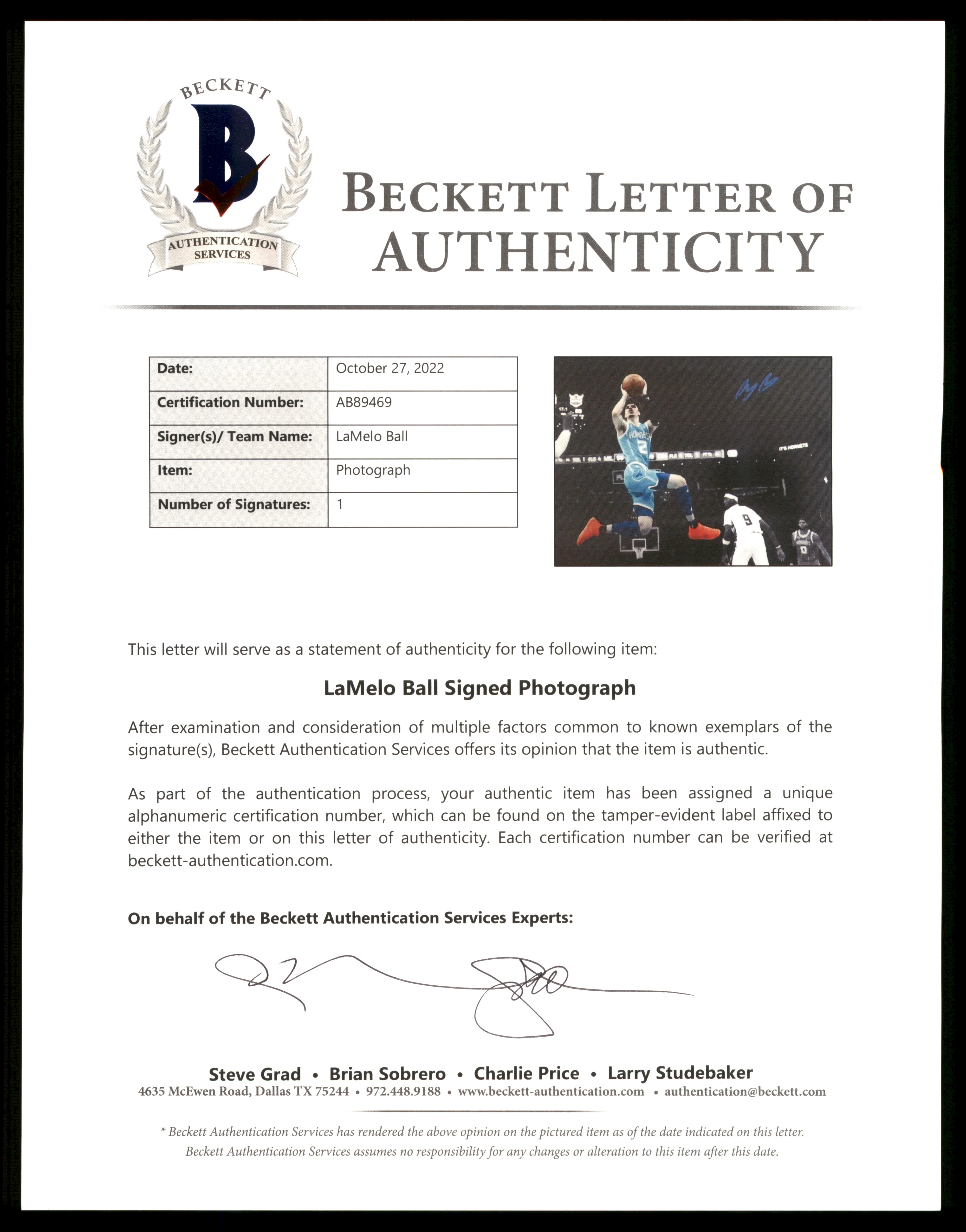 LaMelo Ball Autographed 16x20 Photo Charlotte Hornets Beckett BAS QR Stock #209477 - Image 4