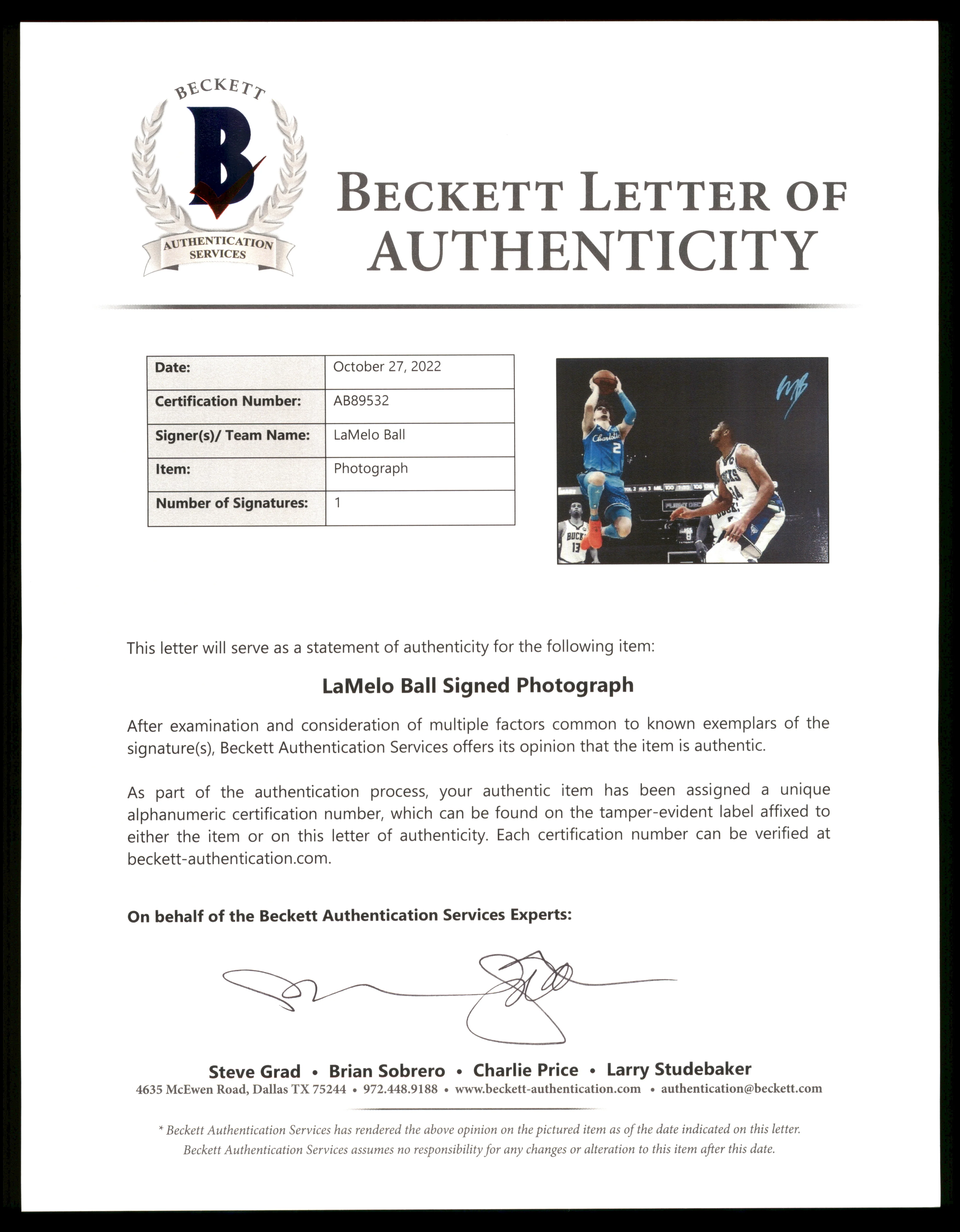 LaMelo Ball Autographed 16x20 Photo Charlotte Hornets Beckett BAS QR Stock #209479 - Image 4