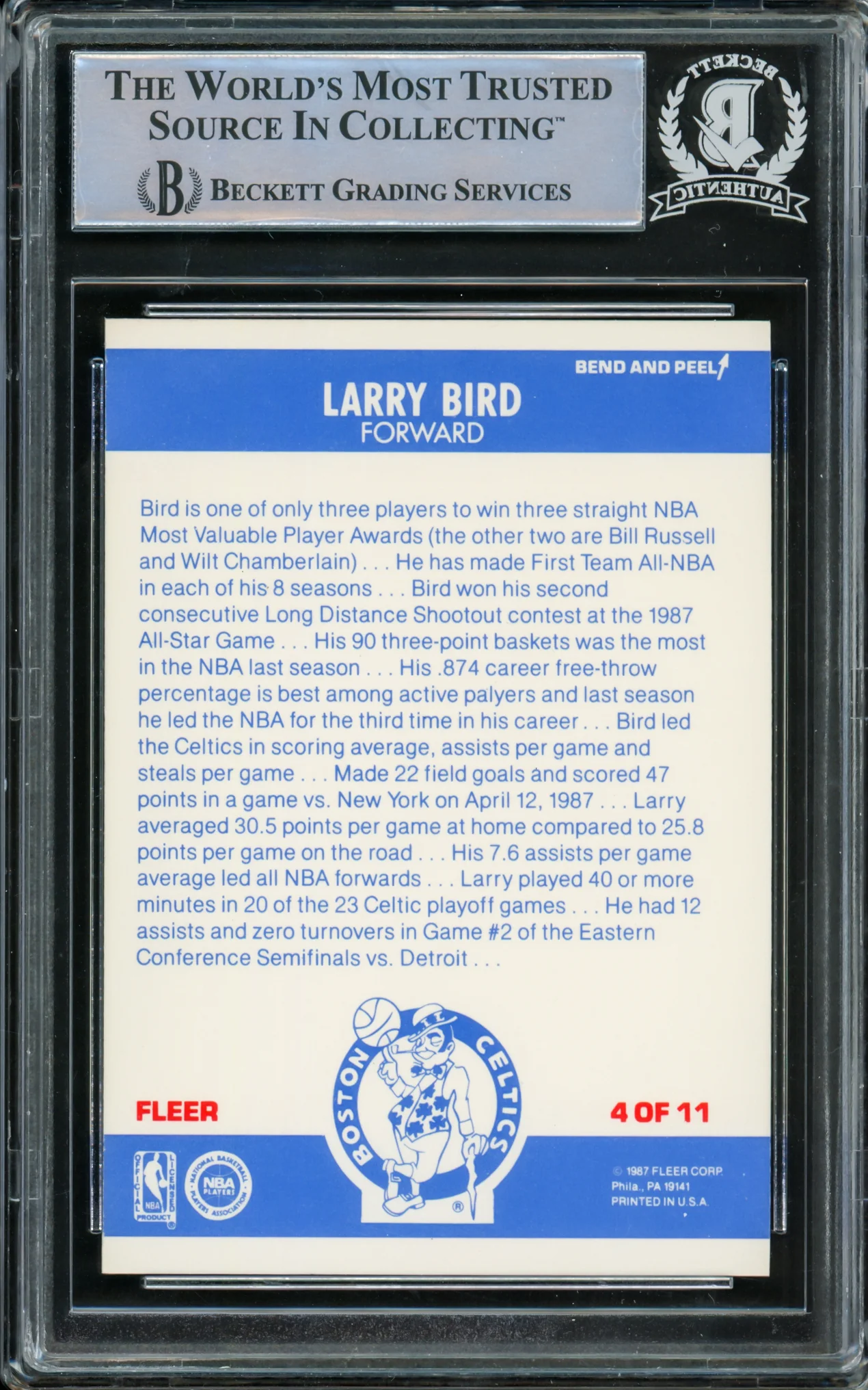 Larry Bird Autographed 1987-88 Fleer Stickers Card #4 Boston Celtics Beckett BAS #14612411 - Image 2